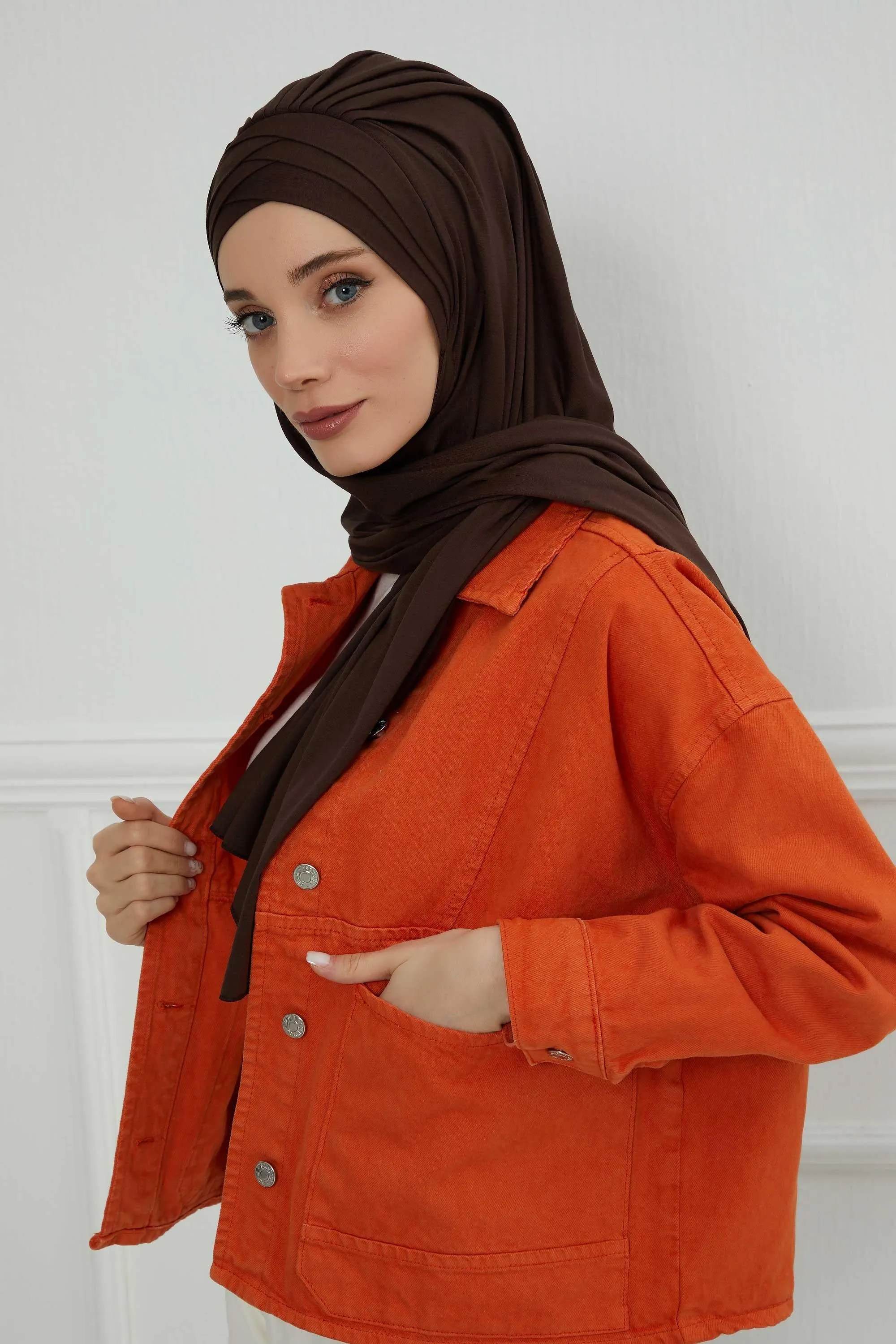 Soft Jersey Hijab Shawl for Women, 95% Cotton and Comfortable Ready to Wear Women Headscarf, Cross Stich Instant Pre-tied Hijab Shawl,PS-41