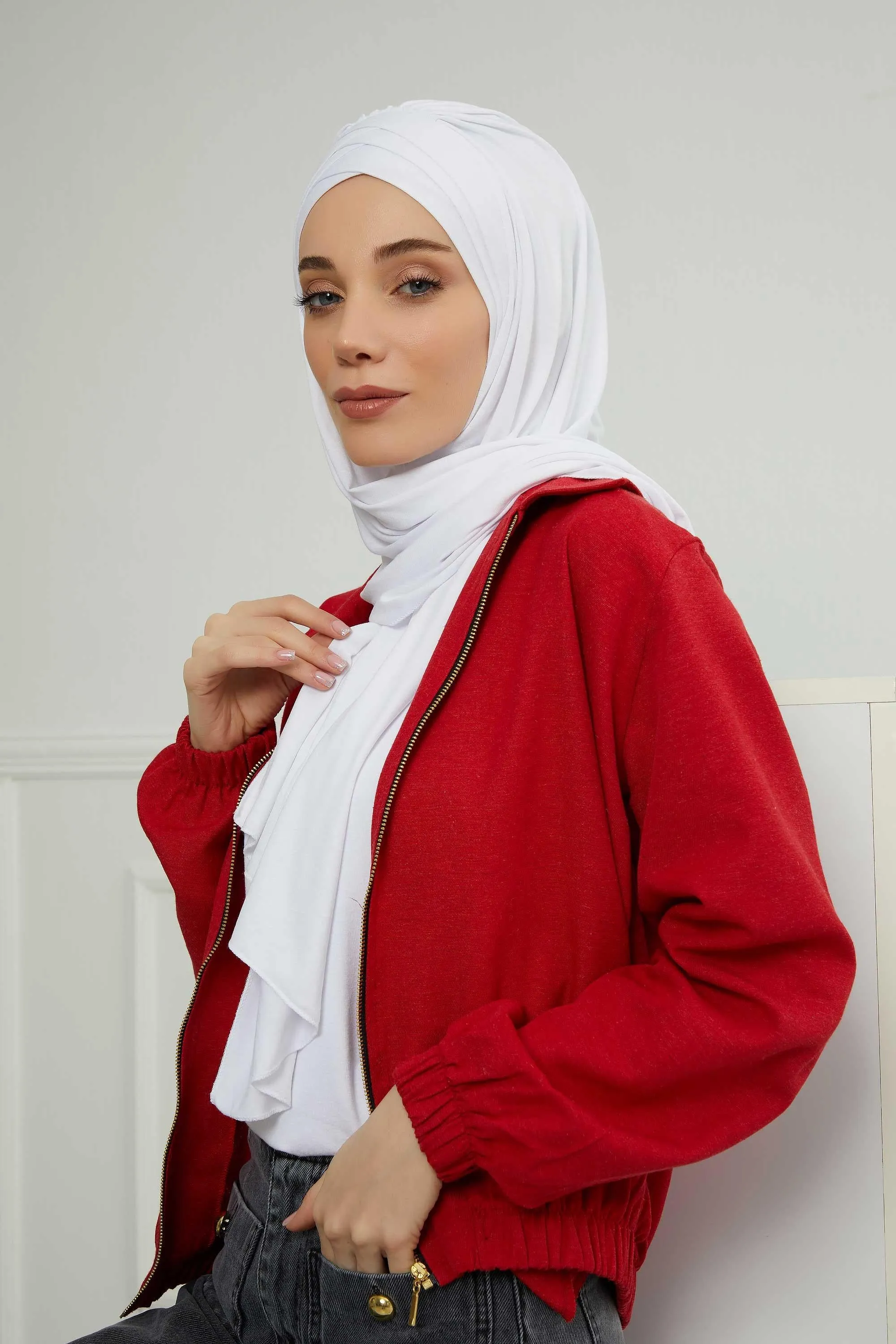 Soft Jersey Hijab Shawl for Women, 95% Cotton and Comfortable Ready to Wear Women Headscarf, Cross Stich Instant Pre-tied Hijab Shawl,PS-41