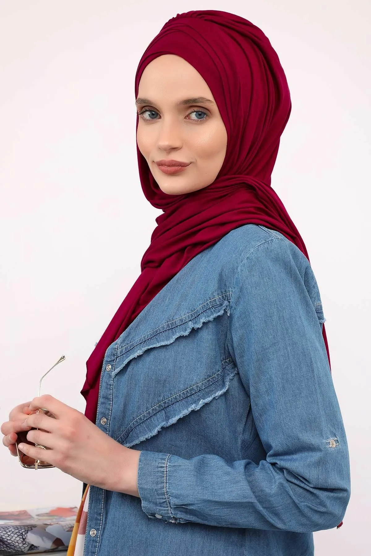 Soft Jersey Hijab Shawl for Women, 95% Cotton and Comfortable Ready to Wear Women Headscarf, Cross Stich Instant Pre-tied Hijab Shawl,PS-41