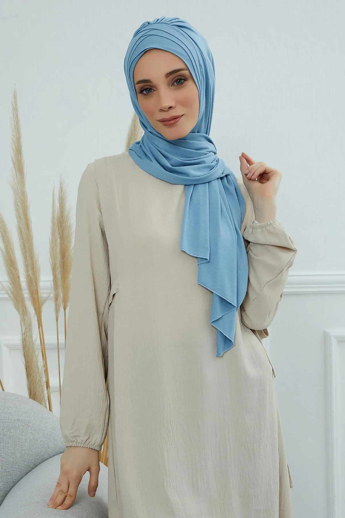 Soft Jersey Hijab Shawl for Women, 95% Cotton and Comfortable Ready to Wear Women Headscarf, Cross Stich Instant Pre-tied Hijab Shawl,PS-41