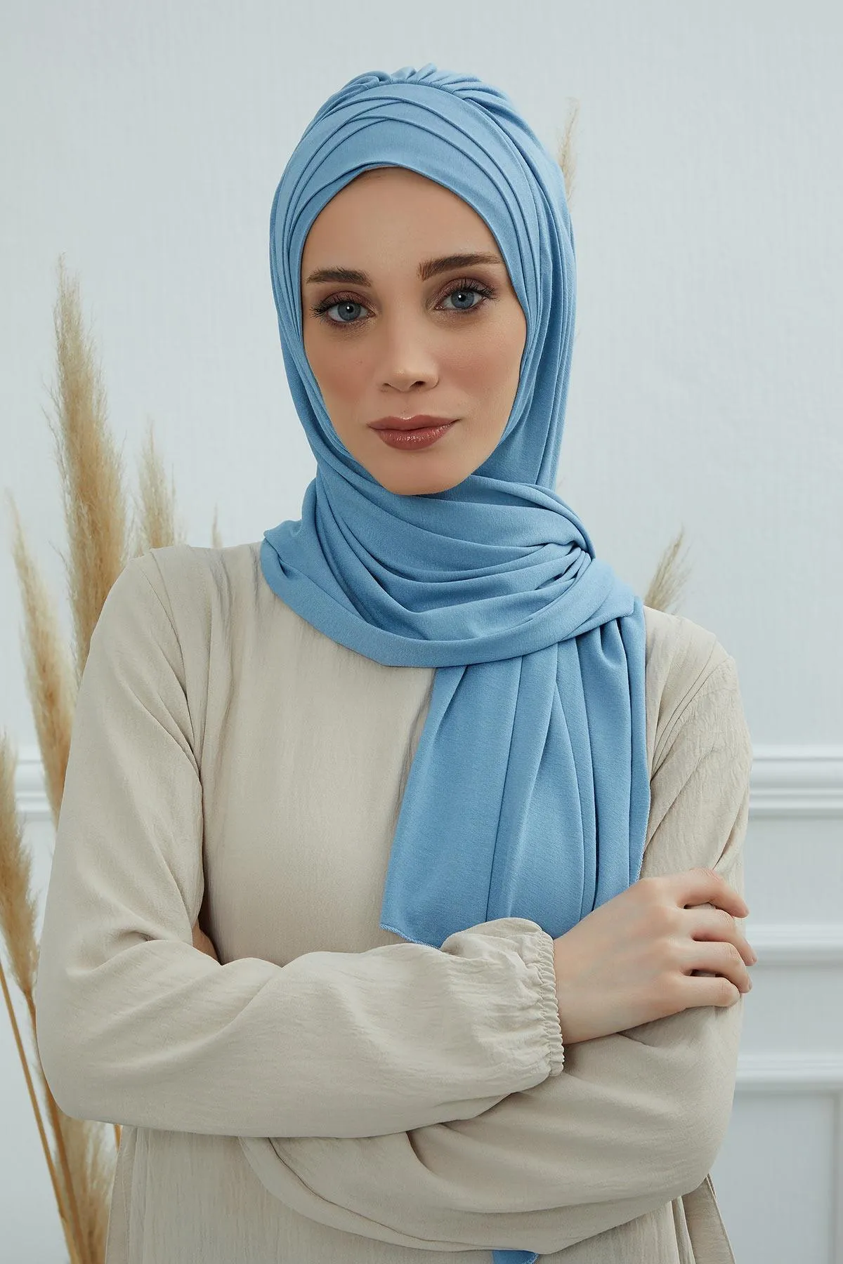 Soft Jersey Hijab Shawl for Women, 95% Cotton and Comfortable Ready to Wear Women Headscarf, Cross Stich Instant Pre-tied Hijab Shawl,PS-41