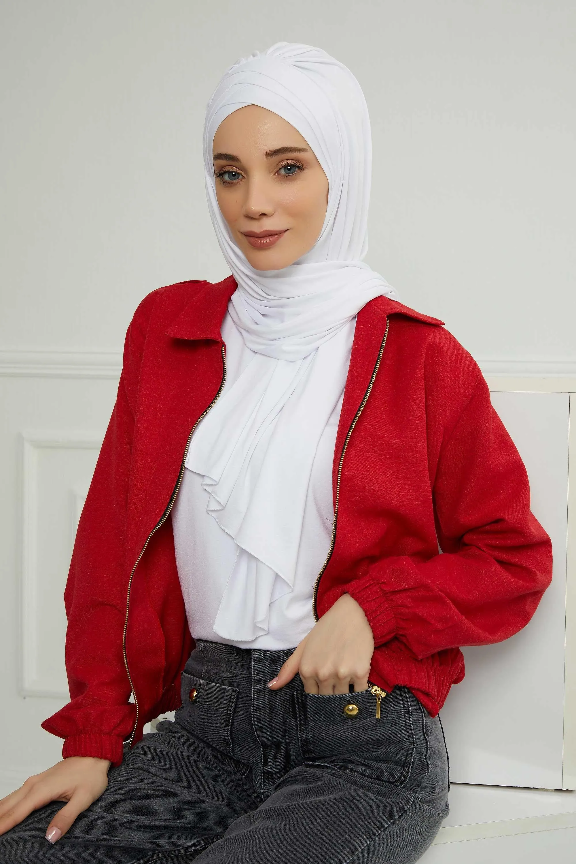 Soft Jersey Hijab Shawl for Women, 95% Cotton and Comfortable Ready to Wear Women Headscarf, Cross Stich Instant Pre-tied Hijab Shawl,PS-41