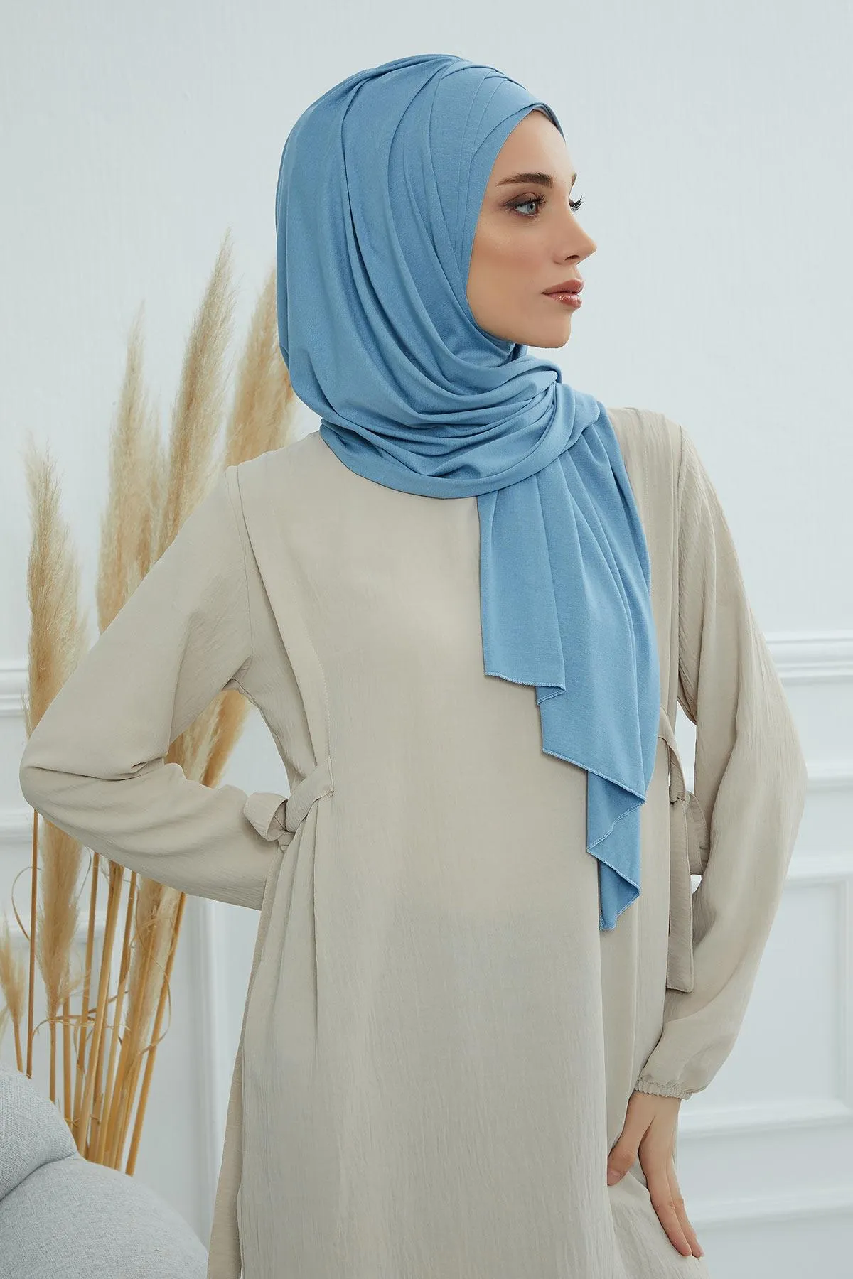 Soft Jersey Hijab Shawl for Women, 95% Cotton and Comfortable Ready to Wear Women Headscarf, Cross Stich Instant Pre-tied Hijab Shawl,PS-41