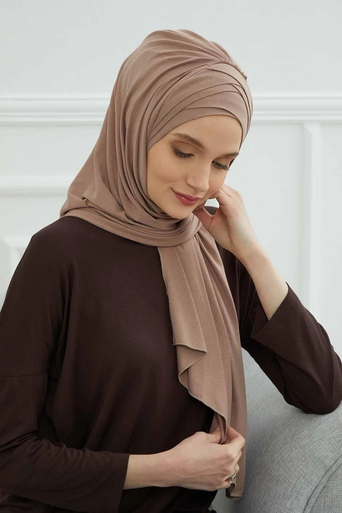 Soft Jersey Hijab Shawl for Women, 95% Cotton and Comfortable Ready to Wear Women Headscarf, Cross Stich Instant Pre-tied Hijab Shawl,PS-41