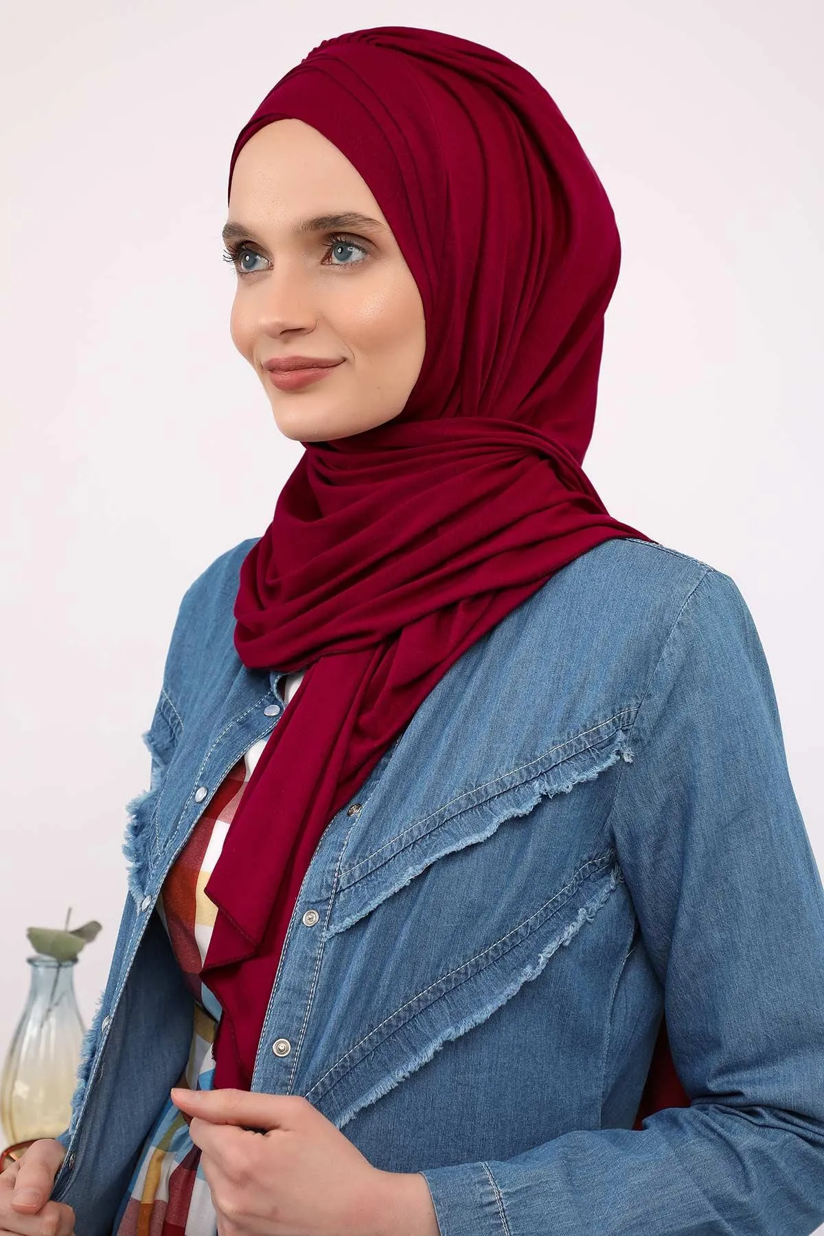 Soft Jersey Hijab Shawl for Women, 95% Cotton and Comfortable Ready to Wear Women Headscarf, Cross Stich Instant Pre-tied Hijab Shawl,PS-41