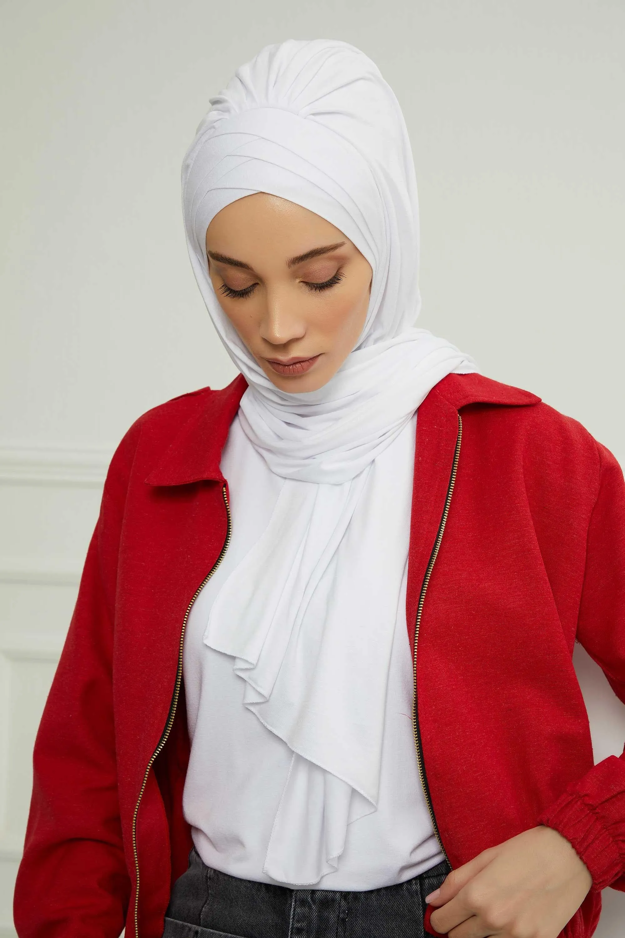 Soft Jersey Hijab Shawl for Women, 95% Cotton and Comfortable Ready to Wear Women Headscarf, Cross Stich Instant Pre-tied Hijab Shawl,PS-41