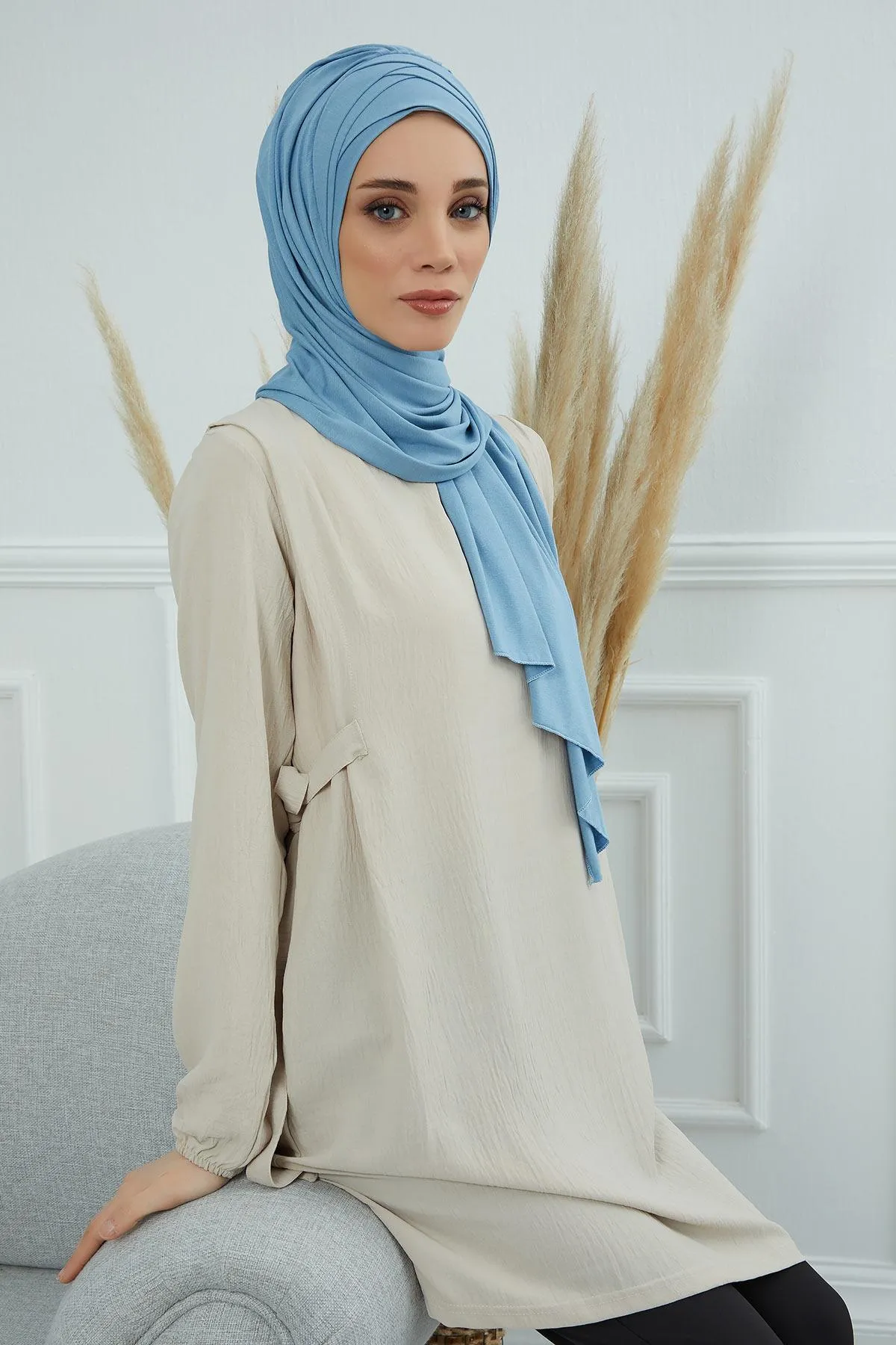 Soft Jersey Hijab Shawl for Women, 95% Cotton and Comfortable Ready to Wear Women Headscarf, Cross Stich Instant Pre-tied Hijab Shawl,PS-41
