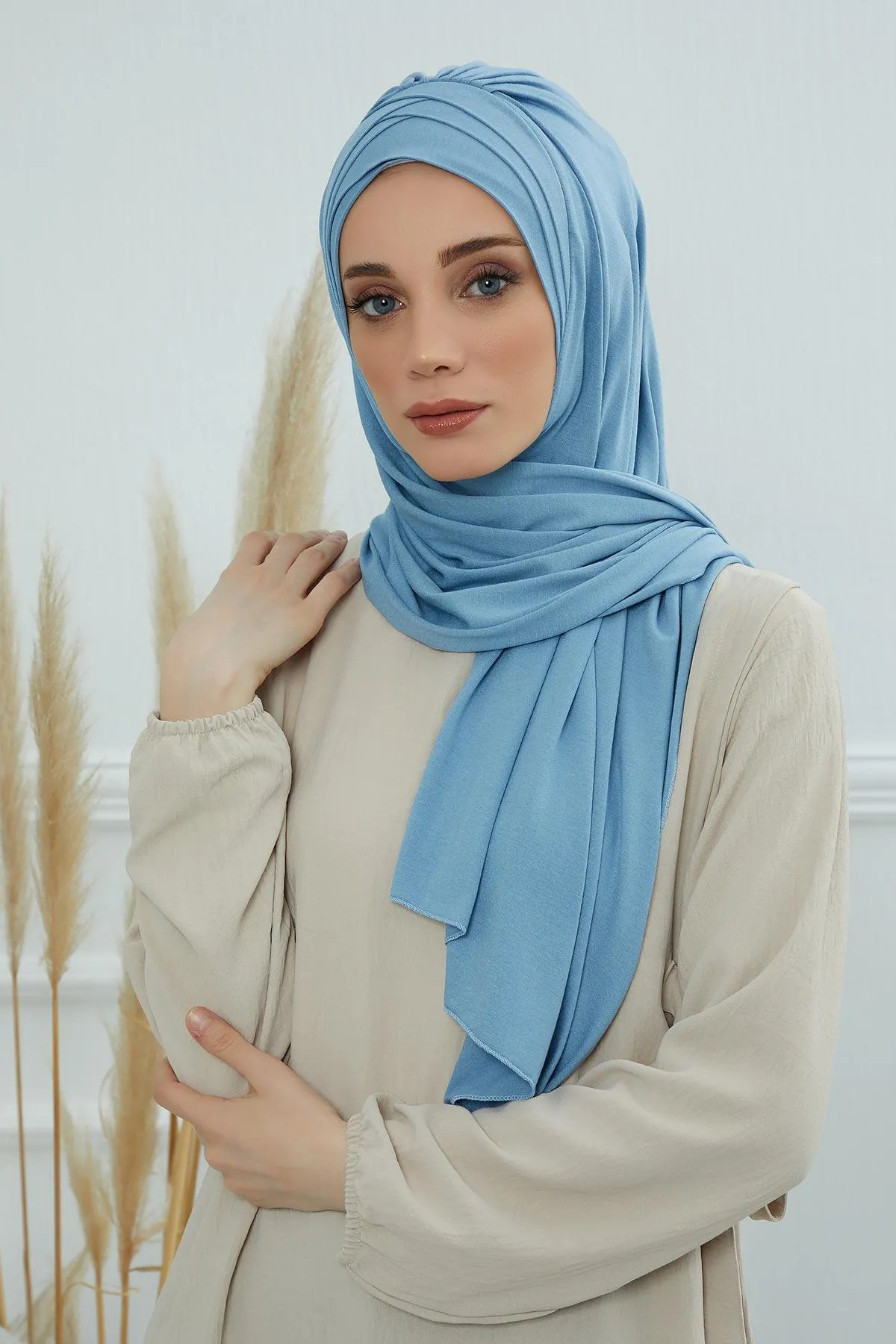 Soft Jersey Hijab Shawl for Women, 95% Cotton and Comfortable Ready to Wear Women Headscarf, Cross Stich Instant Pre-tied Hijab Shawl,PS-41