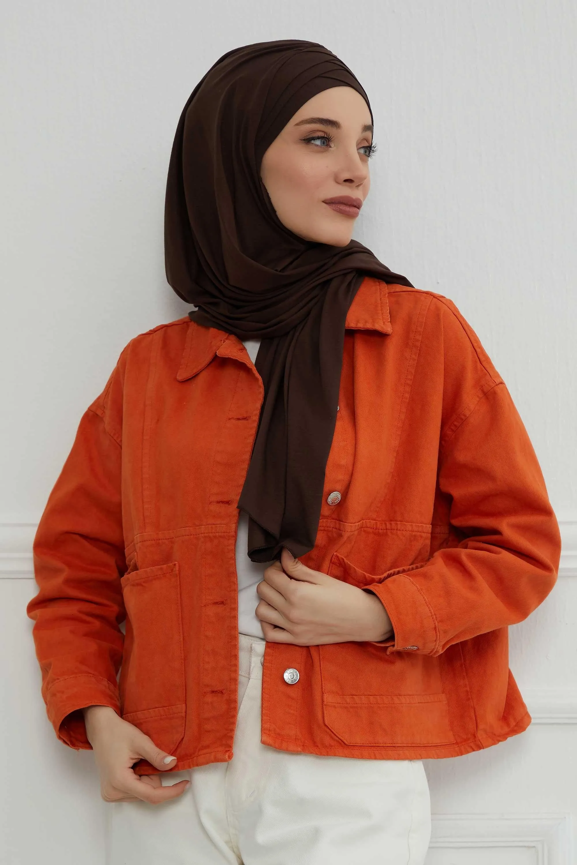 Soft Jersey Hijab Shawl for Women, 95% Cotton and Comfortable Ready to Wear Women Headscarf, Cross Stich Instant Pre-tied Hijab Shawl,PS-41