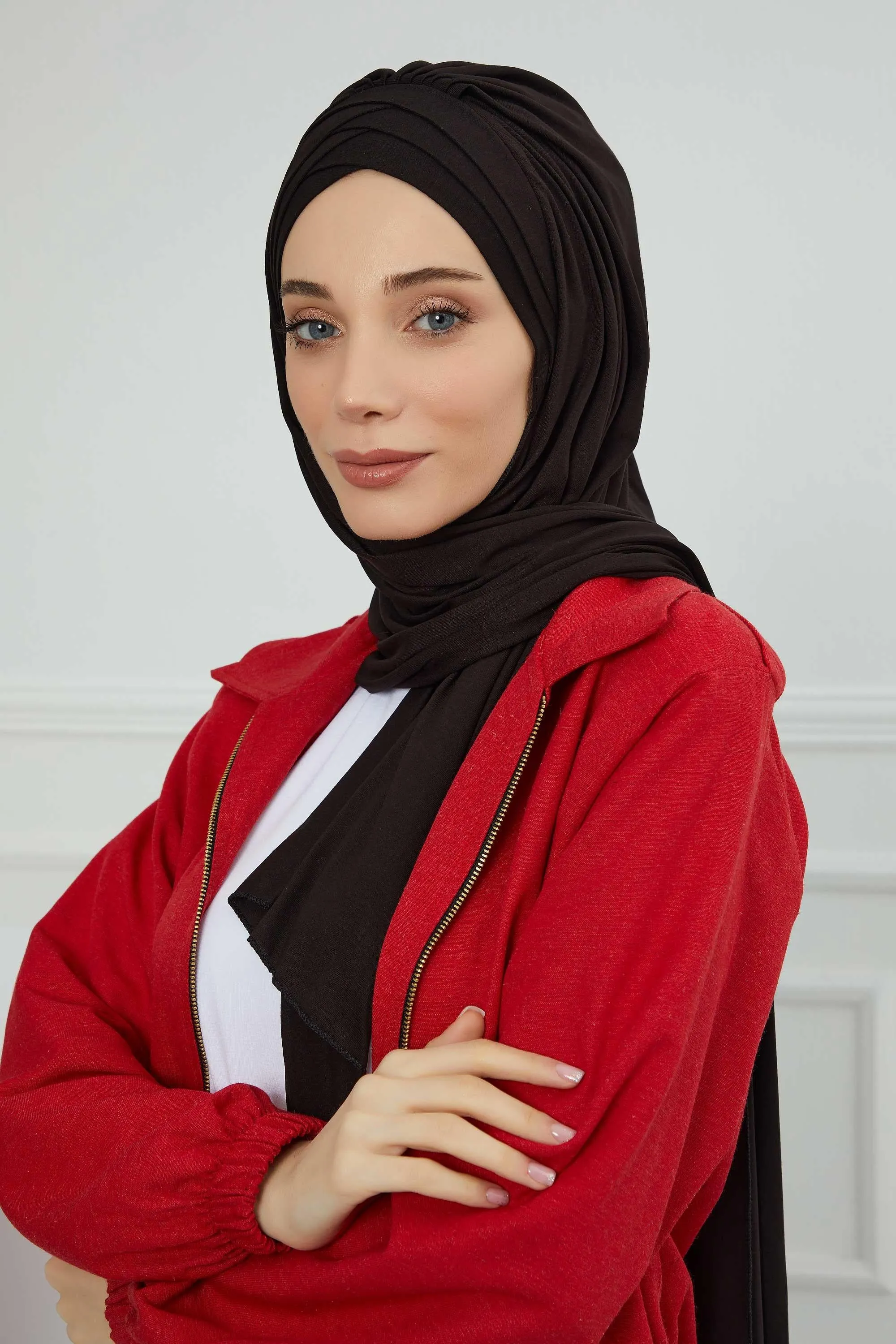 Soft Jersey Hijab Shawl for Women, 95% Cotton and Comfortable Ready to Wear Women Headscarf, Cross Stich Instant Pre-tied Hijab Shawl,PS-41