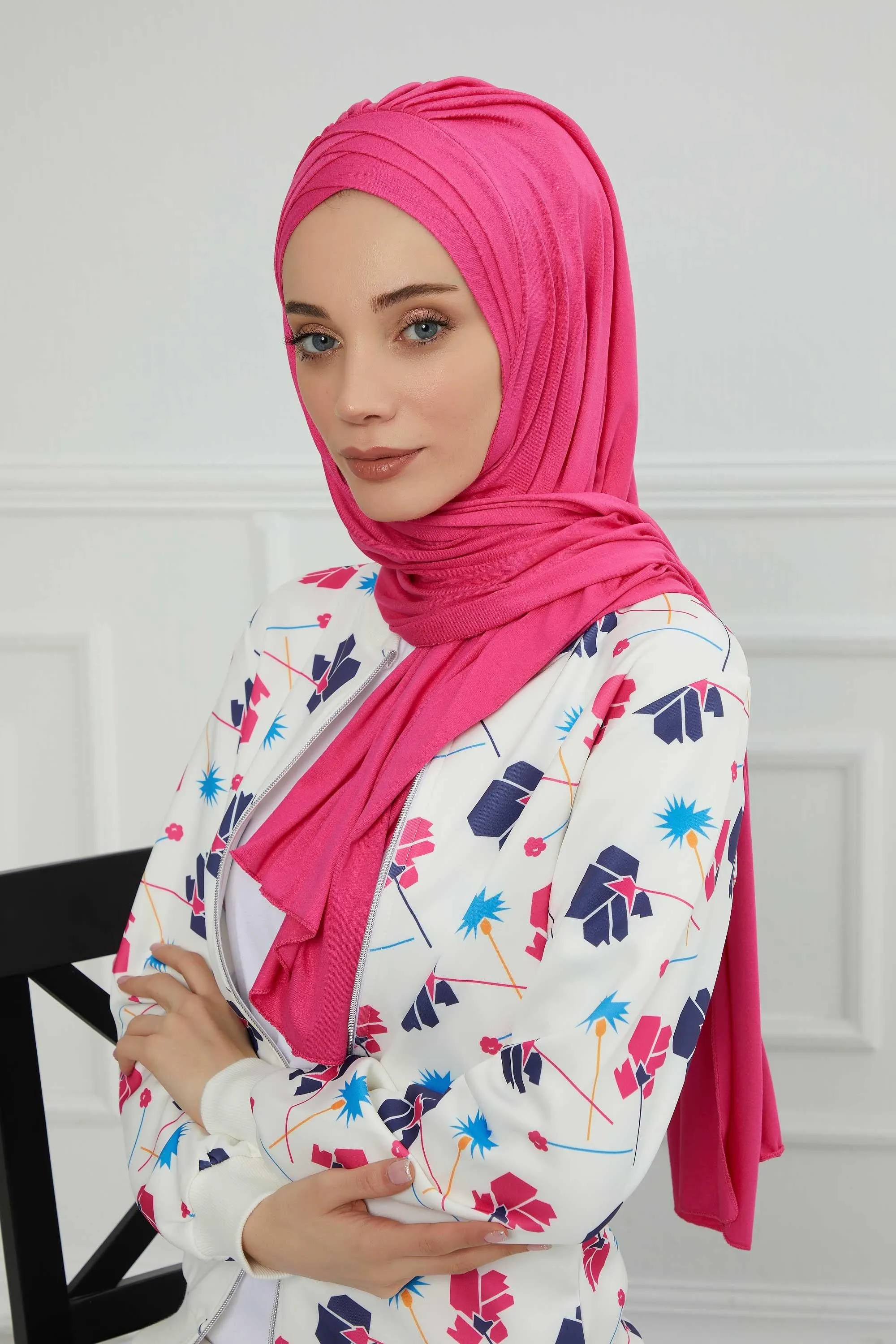 Soft Jersey Hijab Shawl for Women, 95% Cotton and Comfortable Ready to Wear Women Headscarf, Cross Stich Instant Pre-tied Hijab Shawl,PS-41