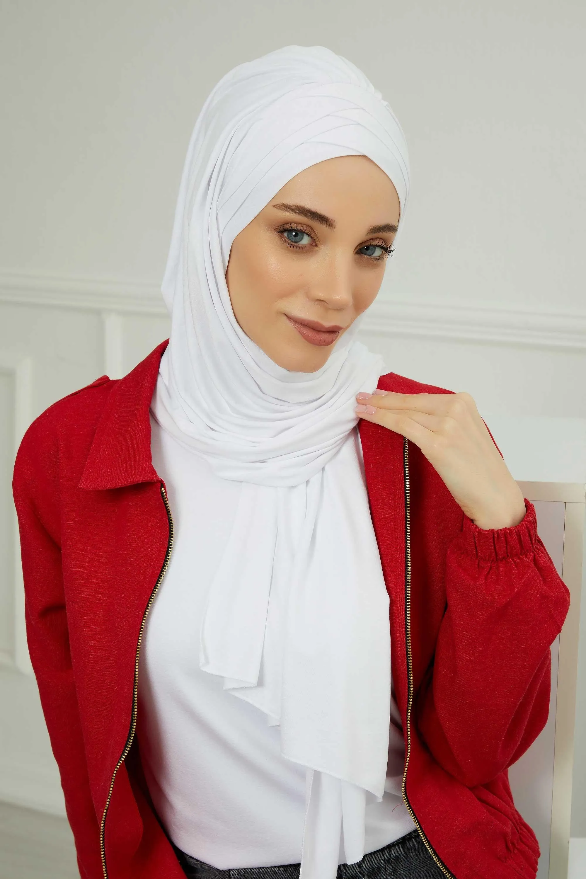 Soft Jersey Hijab Shawl for Women, 95% Cotton and Comfortable Ready to Wear Women Headscarf, Cross Stich Instant Pre-tied Hijab Shawl,PS-41