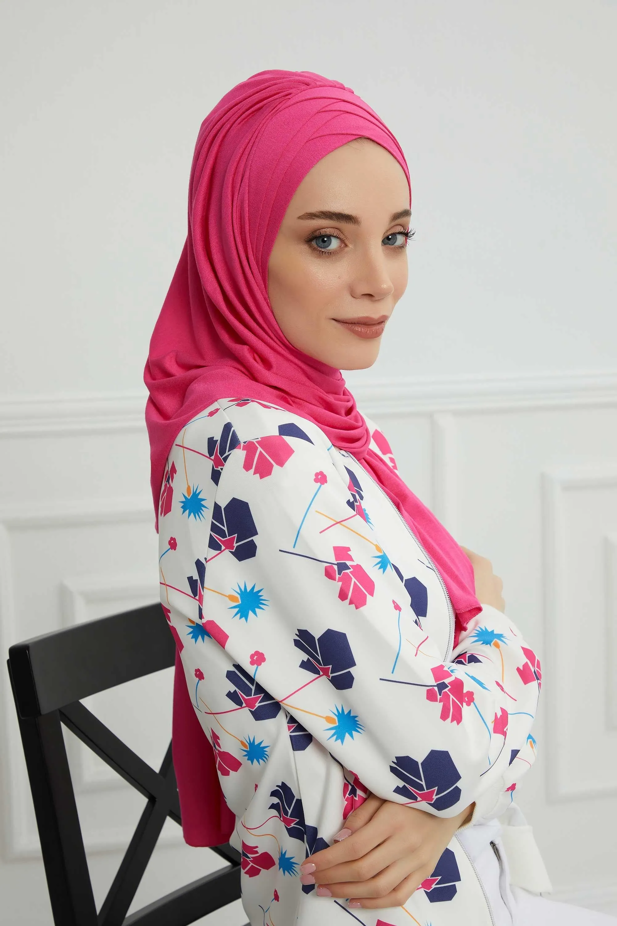 Soft Jersey Hijab Shawl for Women, 95% Cotton and Comfortable Ready to Wear Women Headscarf, Cross Stich Instant Pre-tied Hijab Shawl,PS-41