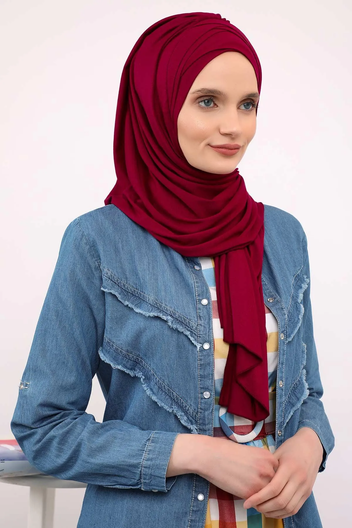 Soft Jersey Hijab Shawl for Women, 95% Cotton and Comfortable Ready to Wear Women Headscarf, Cross Stich Instant Pre-tied Hijab Shawl,PS-41