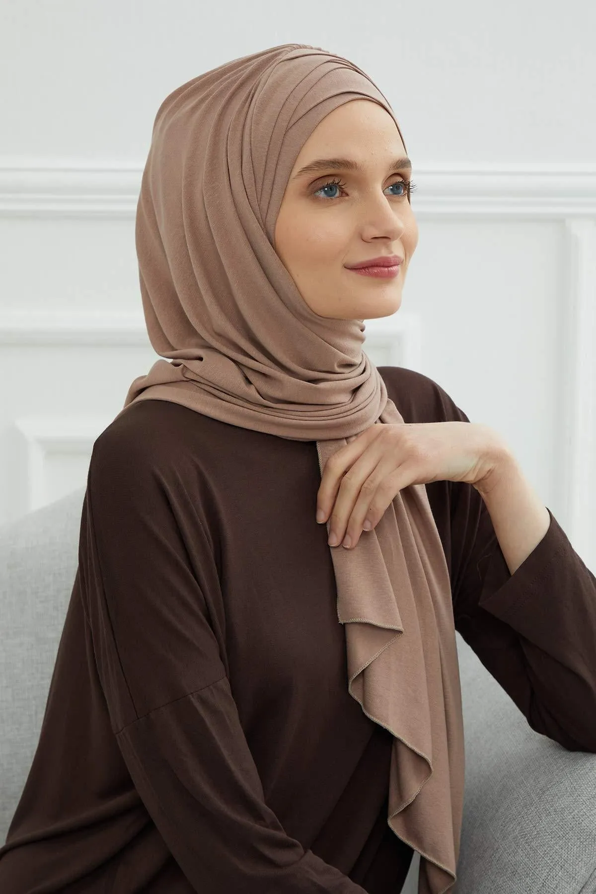 Soft Jersey Hijab Shawl for Women, 95% Cotton and Comfortable Ready to Wear Women Headscarf, Cross Stich Instant Pre-tied Hijab Shawl,PS-41