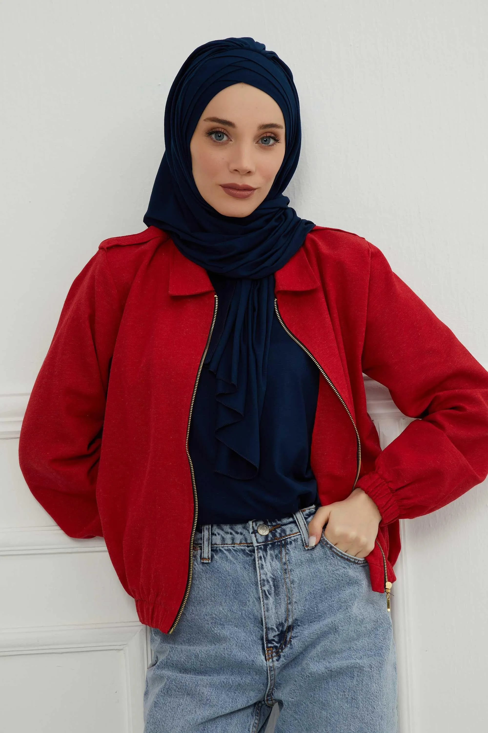 Soft Jersey Hijab Shawl for Women, 95% Cotton and Comfortable Ready to Wear Women Headscarf, Cross Stich Instant Pre-tied Hijab Shawl,PS-41