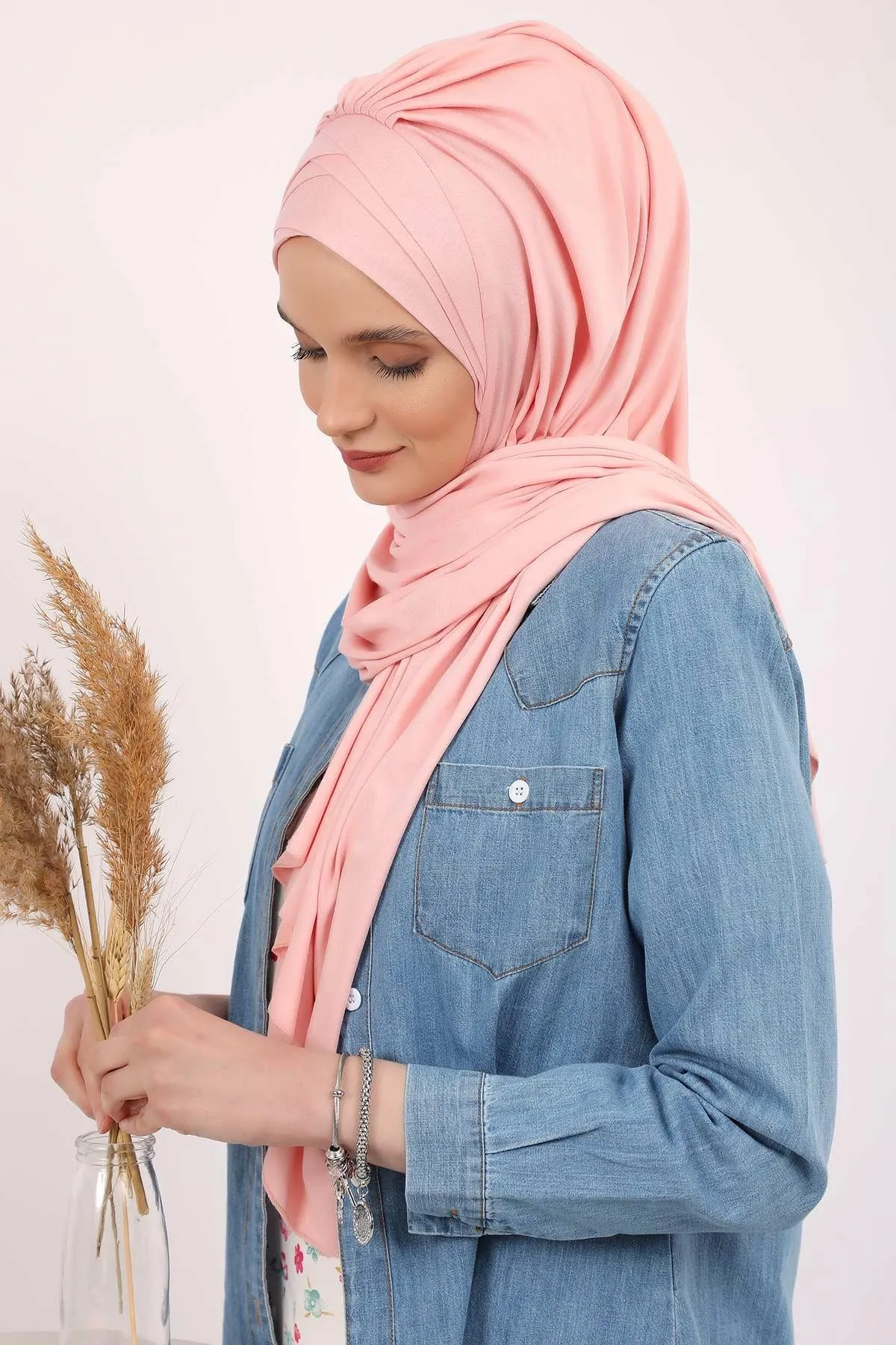Soft Jersey Hijab Shawl for Women, 95% Cotton and Comfortable Ready to Wear Women Headscarf, Cross Stich Instant Pre-tied Hijab Shawl,PS-41