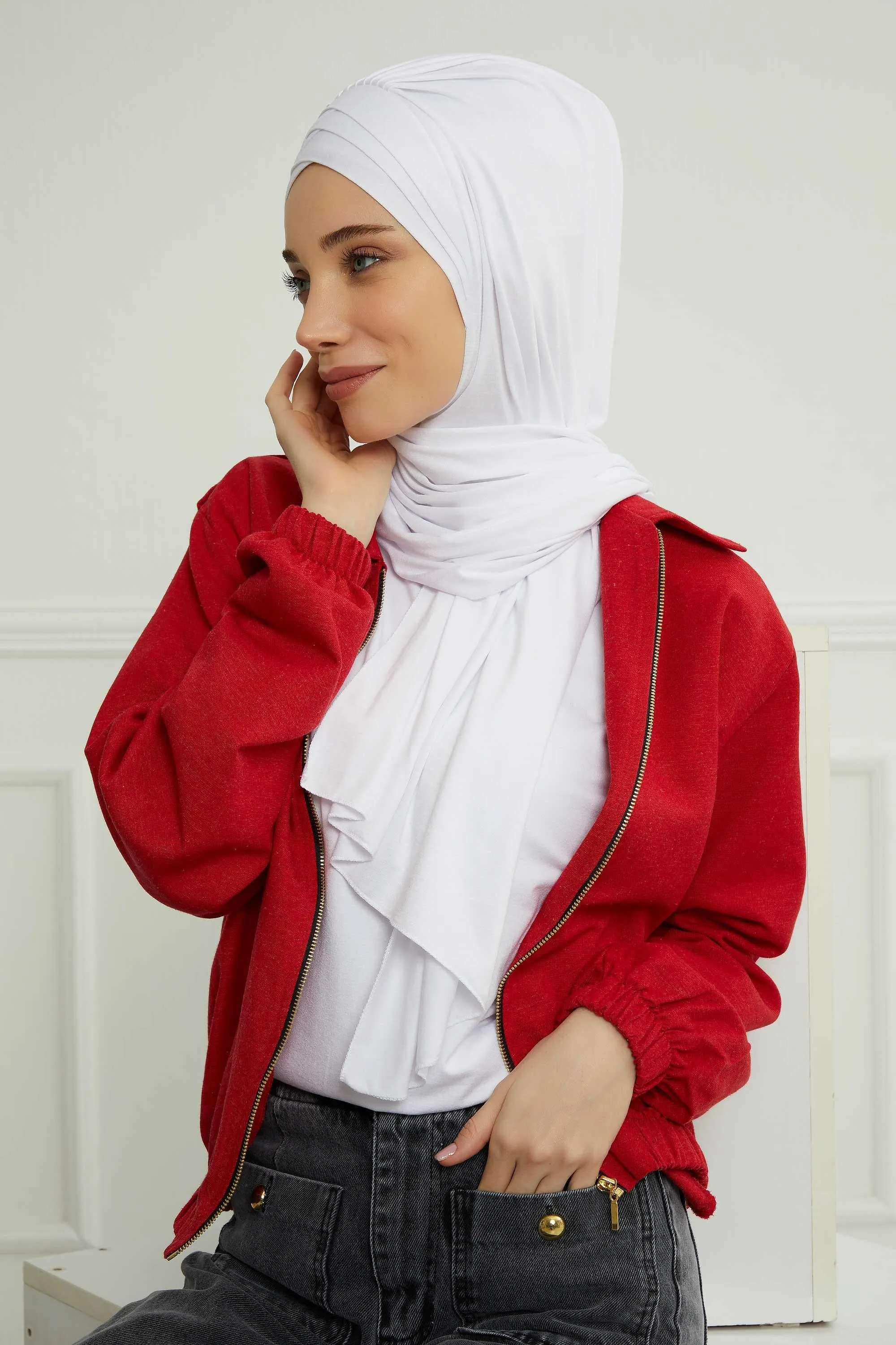 Soft Jersey Hijab Shawl for Women, 95% Cotton and Comfortable Ready to Wear Women Headscarf, Cross Stich Instant Pre-tied Hijab Shawl,PS-41
