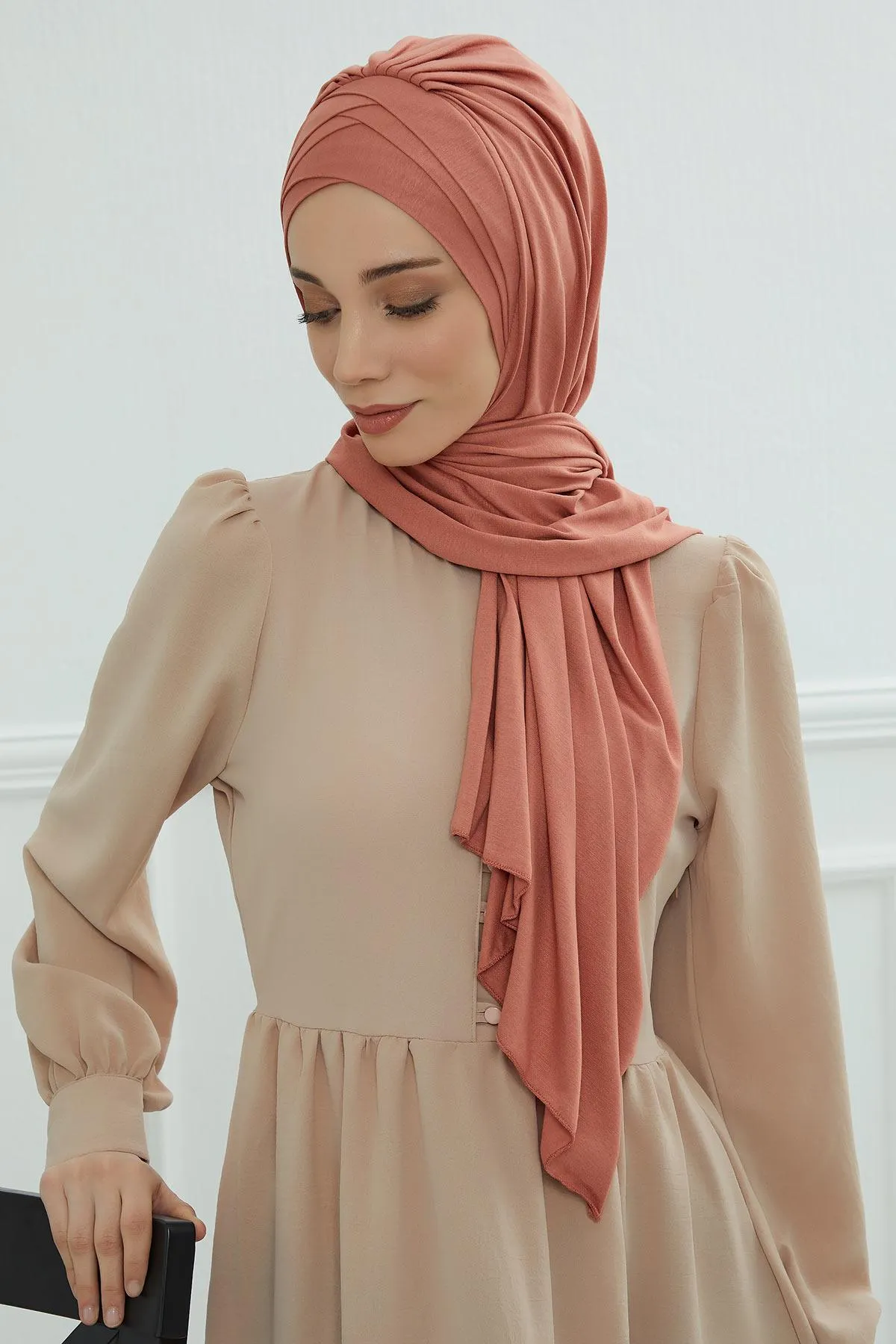 Soft Jersey Hijab Shawl for Women, 95% Cotton and Comfortable Ready to Wear Women Headscarf, Cross Stich Instant Pre-tied Hijab Shawl,PS-41