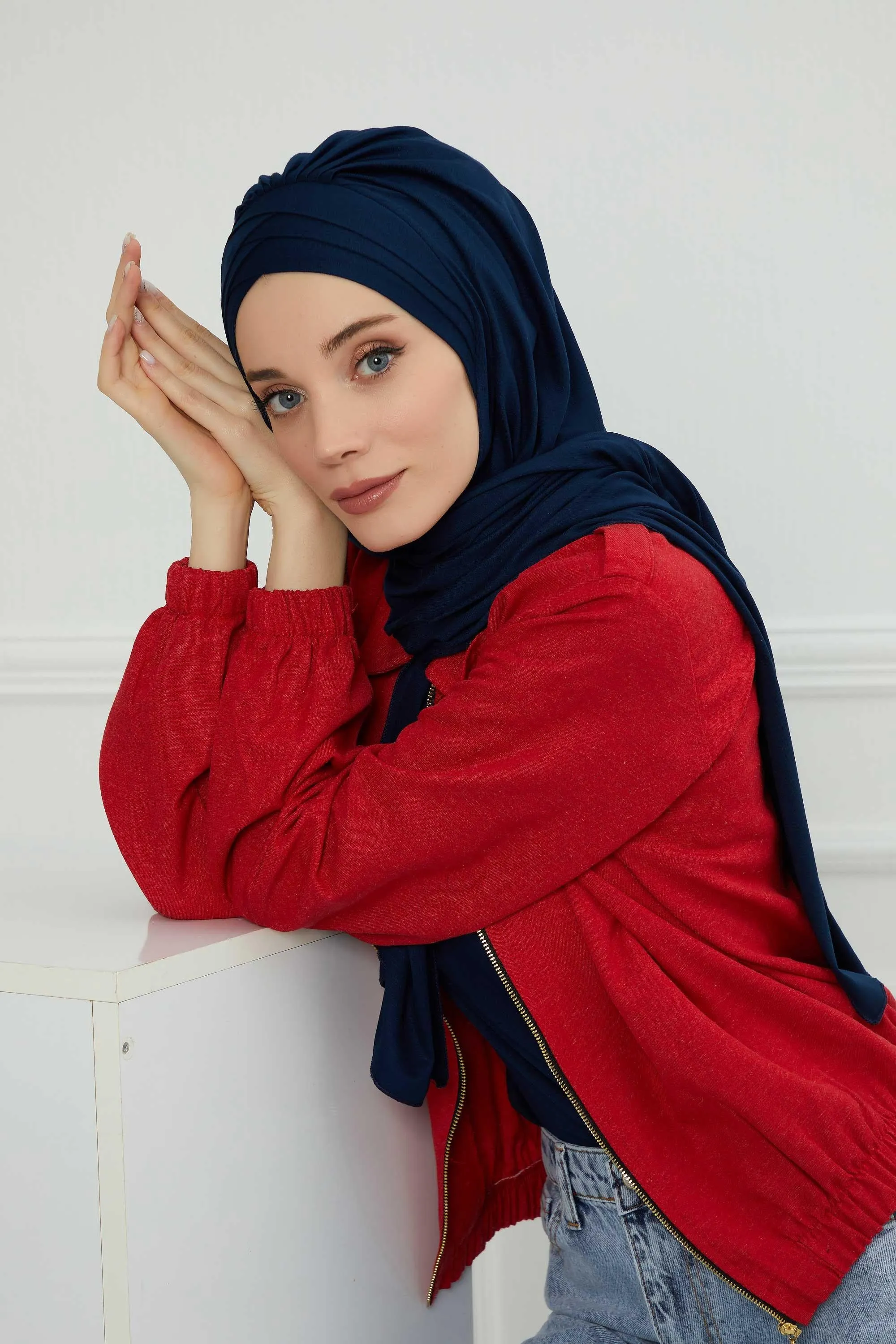 Soft Jersey Hijab Shawl for Women, 95% Cotton and Comfortable Ready to Wear Women Headscarf, Cross Stich Instant Pre-tied Hijab Shawl,PS-41