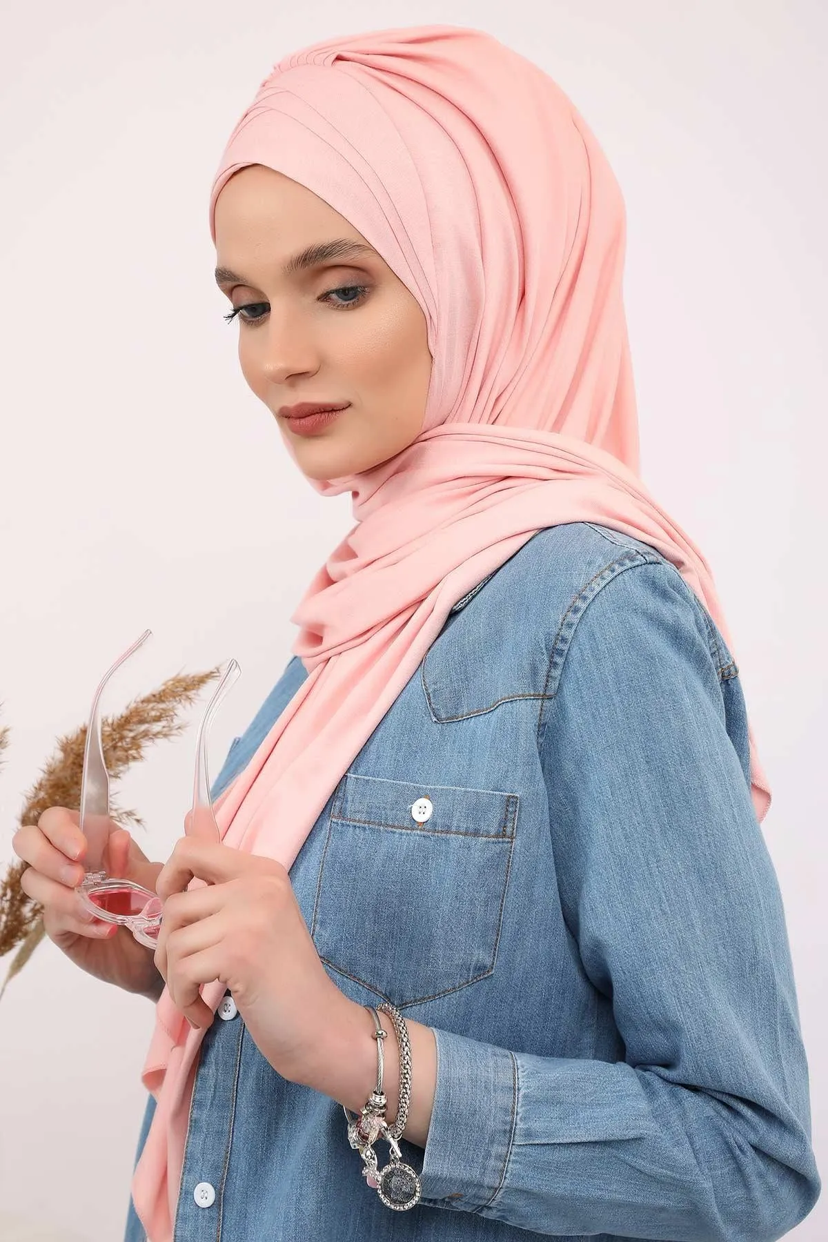 Soft Jersey Hijab Shawl for Women, 95% Cotton and Comfortable Ready to Wear Women Headscarf, Cross Stich Instant Pre-tied Hijab Shawl,PS-41
