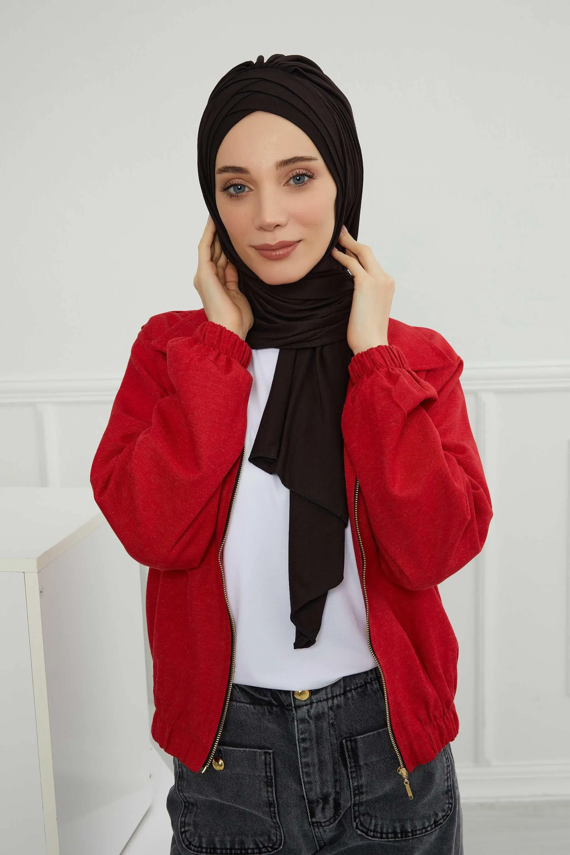 Soft Jersey Hijab Shawl for Women, 95% Cotton and Comfortable Ready to Wear Women Headscarf, Cross Stich Instant Pre-tied Hijab Shawl,PS-41