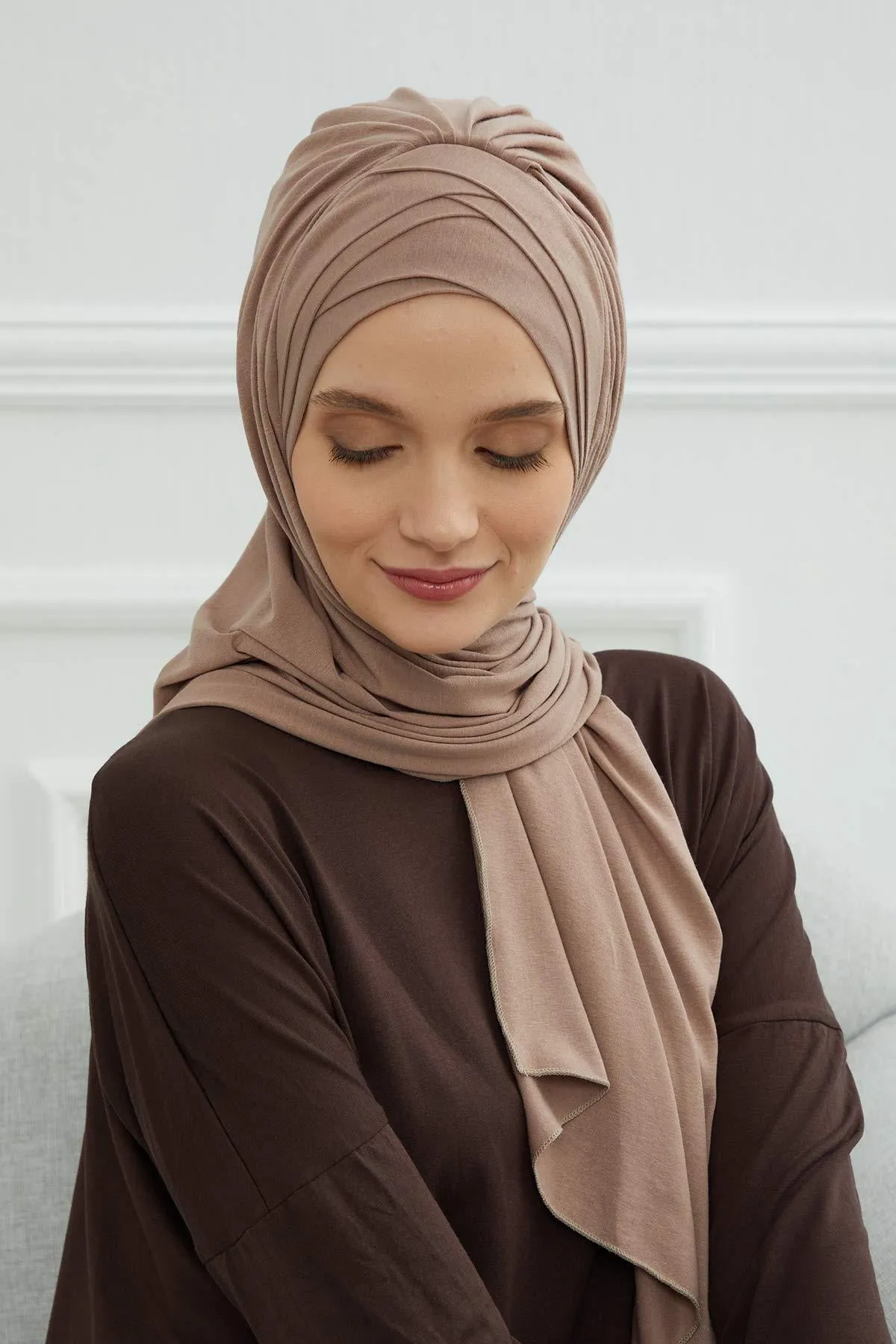 Soft Jersey Hijab Shawl for Women, 95% Cotton and Comfortable Ready to Wear Women Headscarf, Cross Stich Instant Pre-tied Hijab Shawl,PS-41