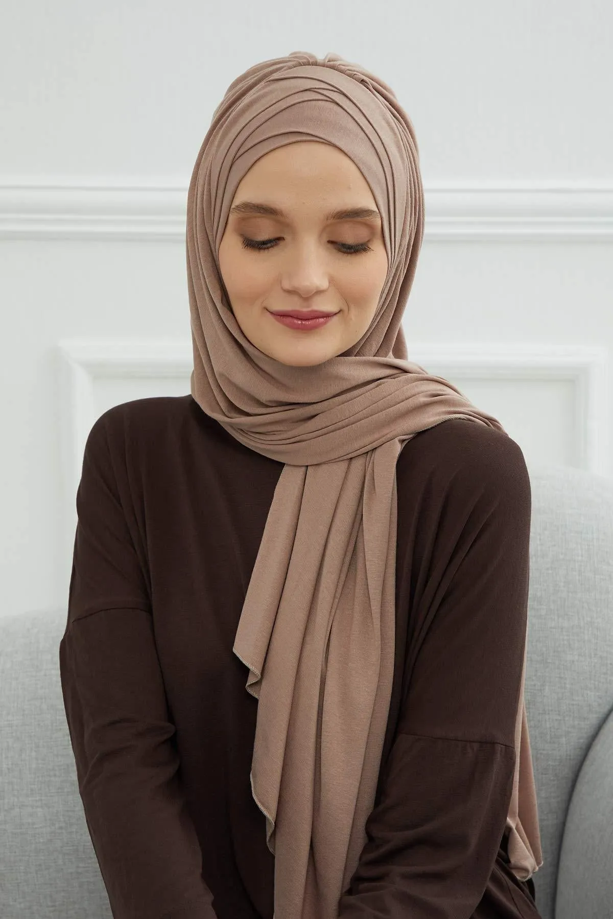 Soft Jersey Hijab Shawl for Women, 95% Cotton and Comfortable Ready to Wear Women Headscarf, Cross Stich Instant Pre-tied Hijab Shawl,PS-41