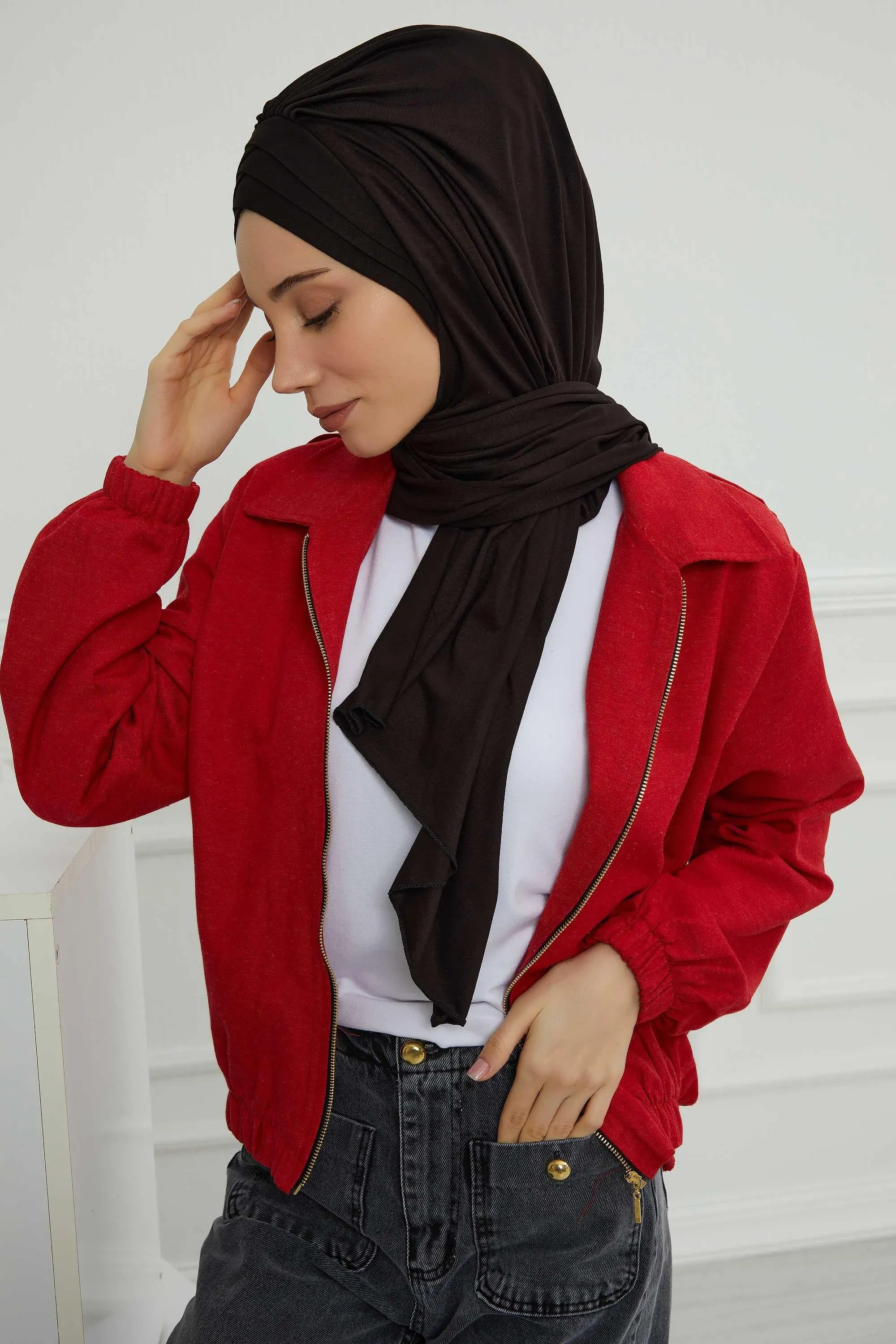 Soft Jersey Hijab Shawl for Women, 95% Cotton and Comfortable Ready to Wear Women Headscarf, Cross Stich Instant Pre-tied Hijab Shawl,PS-41