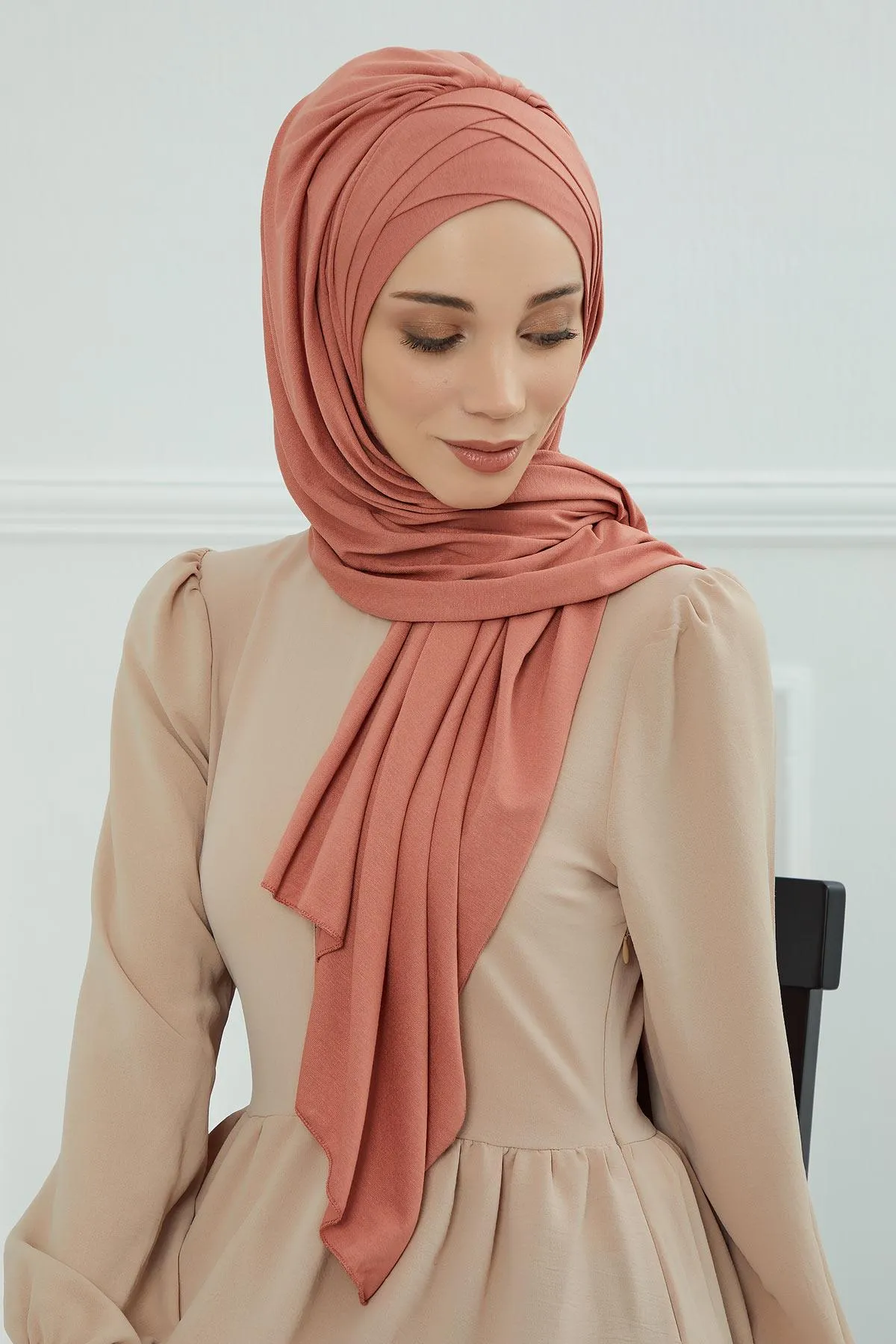 Soft Jersey Hijab Shawl for Women, 95% Cotton and Comfortable Ready to Wear Women Headscarf, Cross Stich Instant Pre-tied Hijab Shawl,PS-41