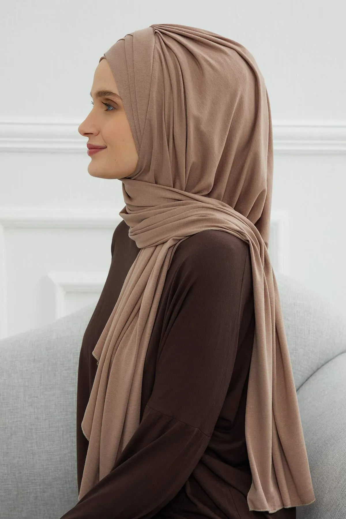 Soft Jersey Hijab Shawl for Women, 95% Cotton and Comfortable Ready to Wear Women Headscarf, Cross Stich Instant Pre-tied Hijab Shawl,PS-41