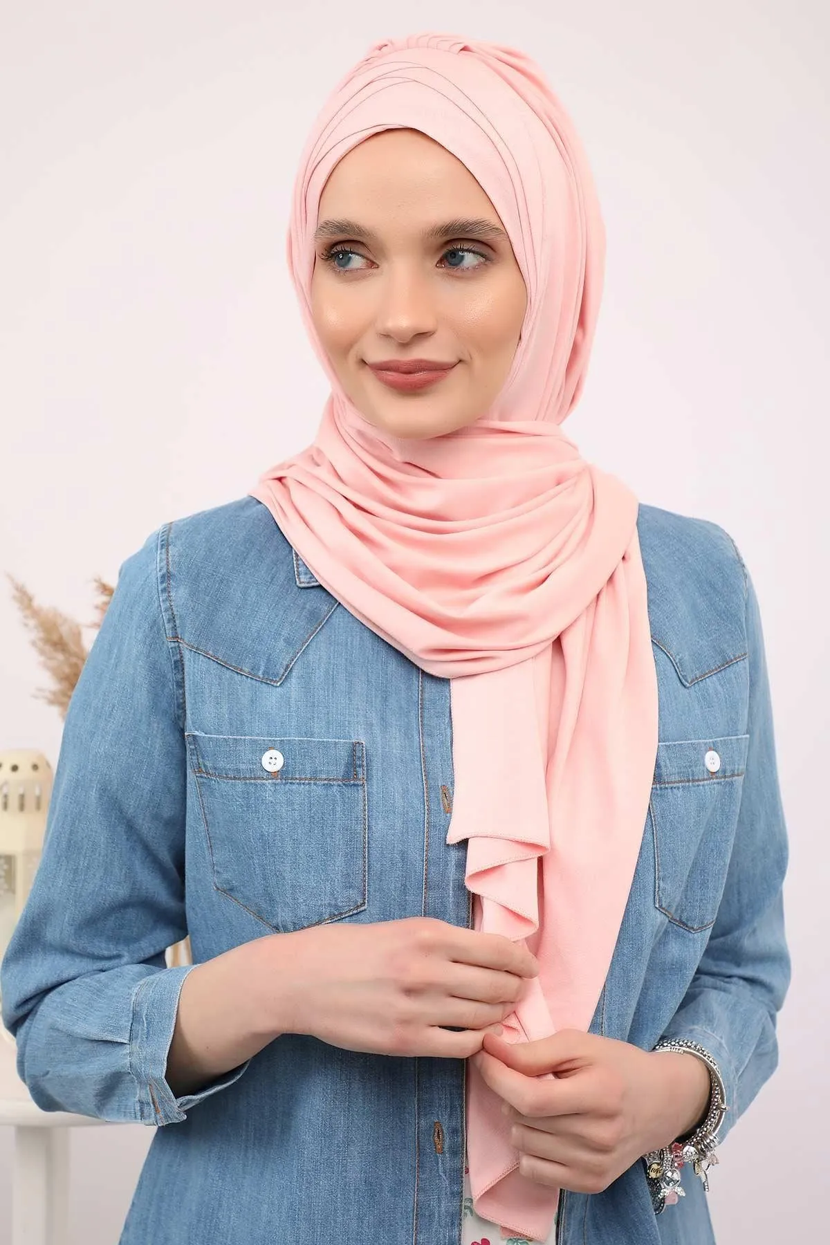 Soft Jersey Hijab Shawl for Women, 95% Cotton and Comfortable Ready to Wear Women Headscarf, Cross Stich Instant Pre-tied Hijab Shawl,PS-41