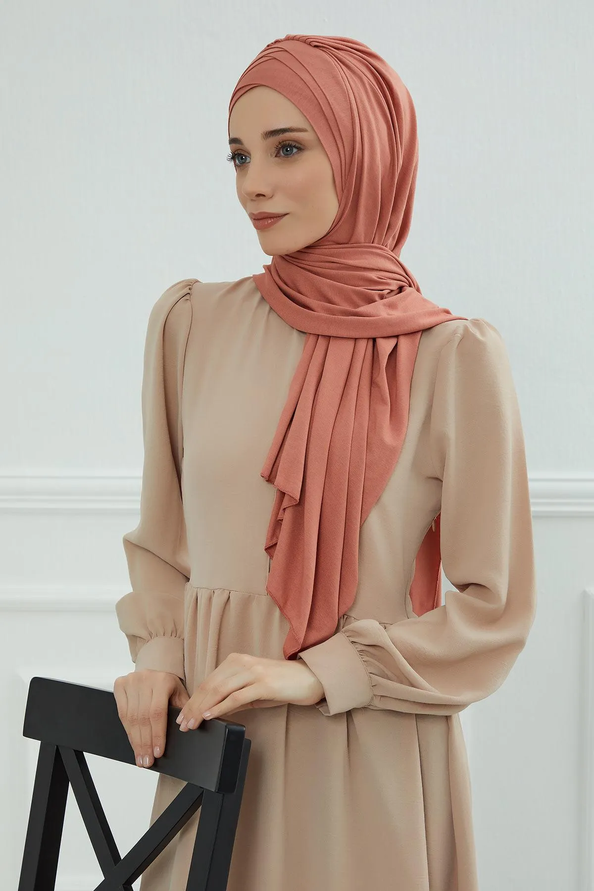 Soft Jersey Hijab Shawl for Women, 95% Cotton and Comfortable Ready to Wear Women Headscarf, Cross Stich Instant Pre-tied Hijab Shawl,PS-41