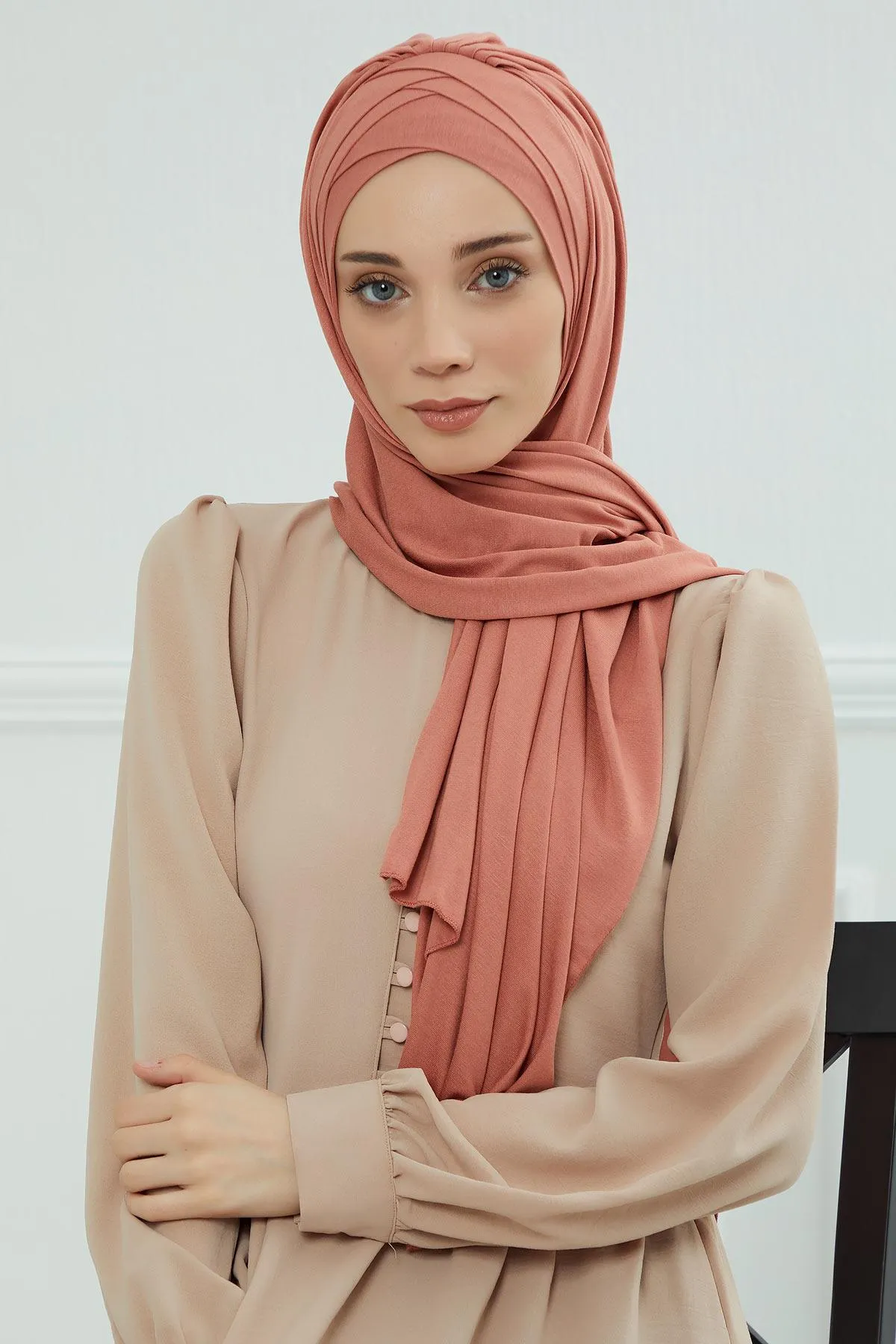 Soft Jersey Hijab Shawl for Women, 95% Cotton and Comfortable Ready to Wear Women Headscarf, Cross Stich Instant Pre-tied Hijab Shawl,PS-41