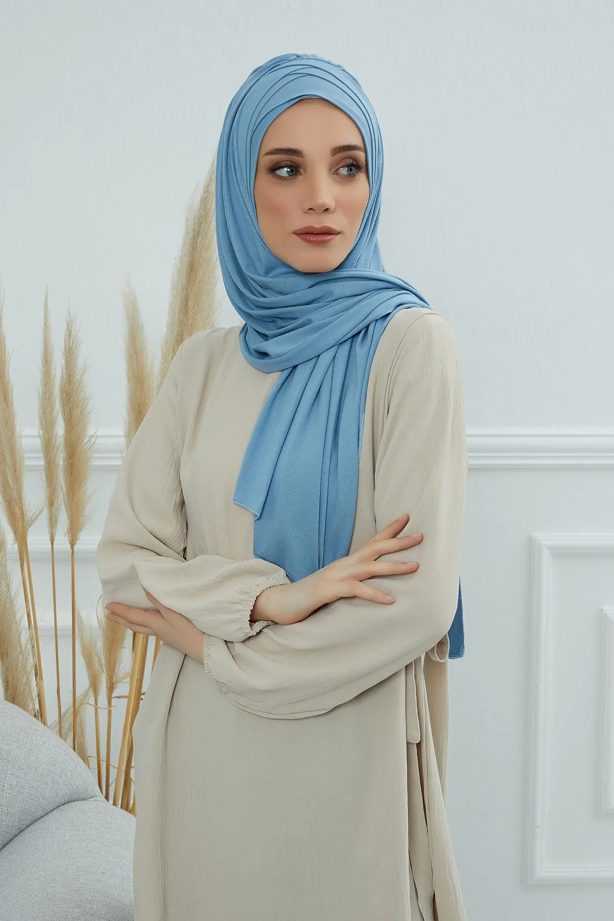 Soft Jersey Hijab Shawl for Women, 95% Cotton and Comfortable Ready to Wear Women Headscarf, Cross Stich Instant Pre-tied Hijab Shawl,PS-41