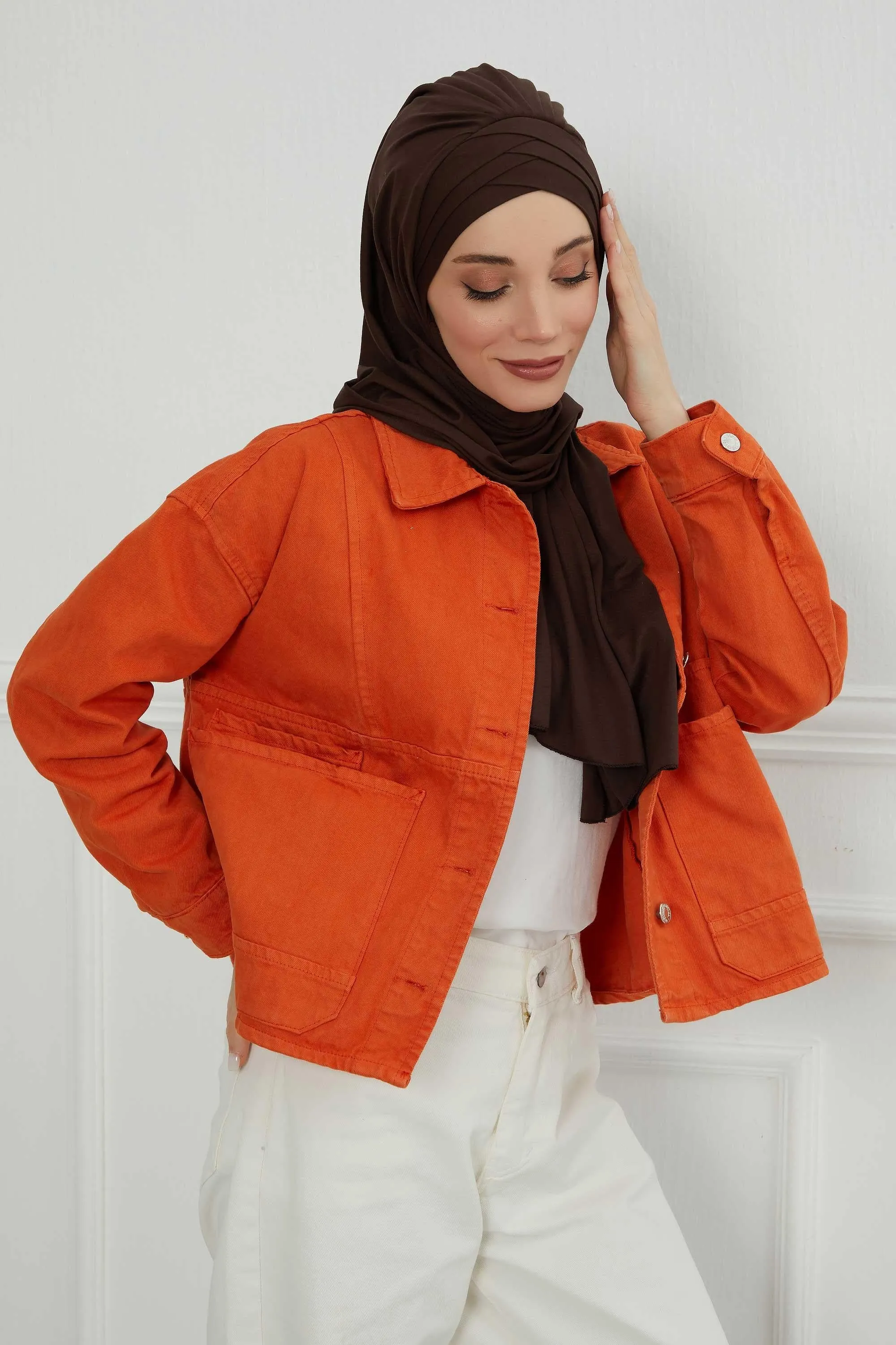 Soft Jersey Hijab Shawl for Women, 95% Cotton and Comfortable Ready to Wear Women Headscarf, Cross Stich Instant Pre-tied Hijab Shawl,PS-41