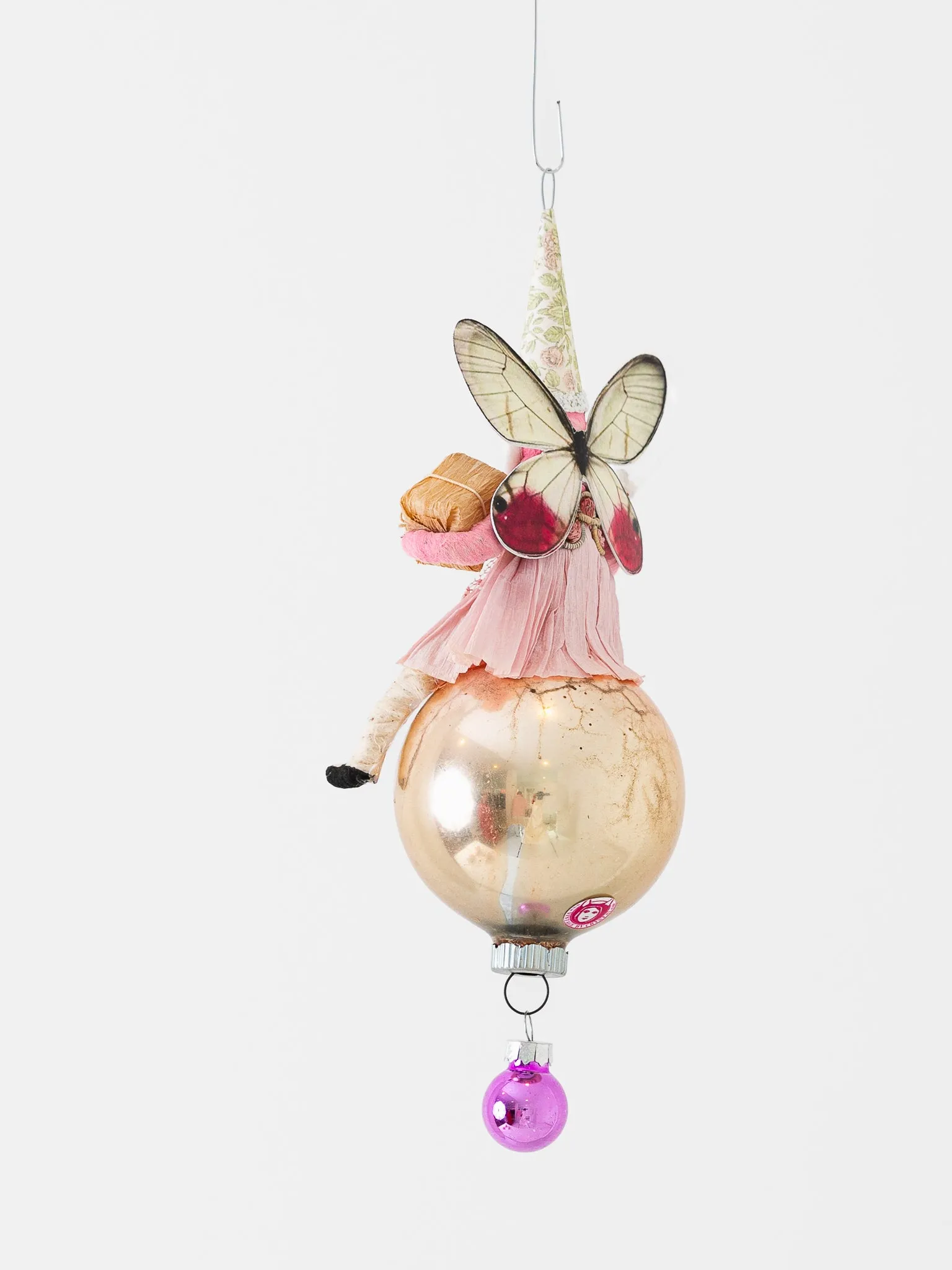 Spun Cotton Fairy On Glass Ball Ornament