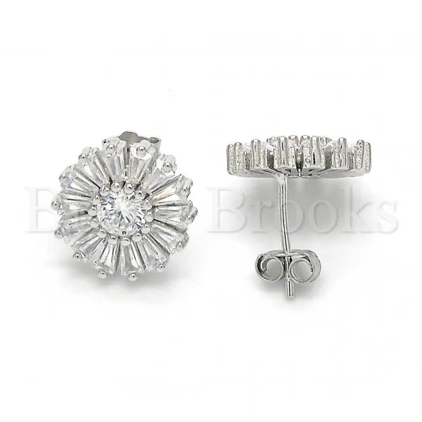 Sterling Silver 02.186.0099 Stud Earring, Flower Design, with White Cubic Zirconia, Polished Finish, Rhodium Tone