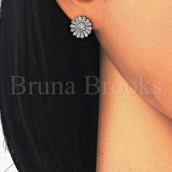 Sterling Silver 02.186.0099 Stud Earring, Flower Design, with White Cubic Zirconia, Polished Finish, Rhodium Tone