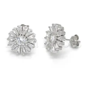 Sterling Silver 02.186.0099 Stud Earring, Flower Design, with White Cubic Zirconia, Polished Finish, Rhodium Tone