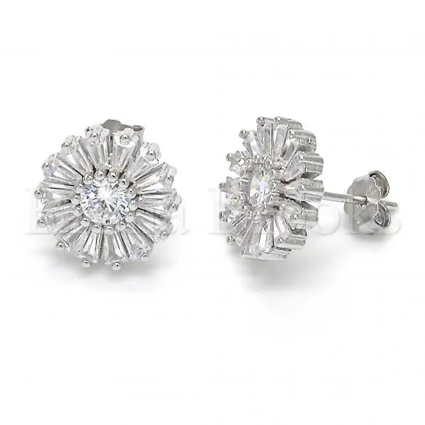 Sterling Silver 02.186.0099 Stud Earring, Flower Design, with White Cubic Zirconia, Polished Finish, Rhodium Tone