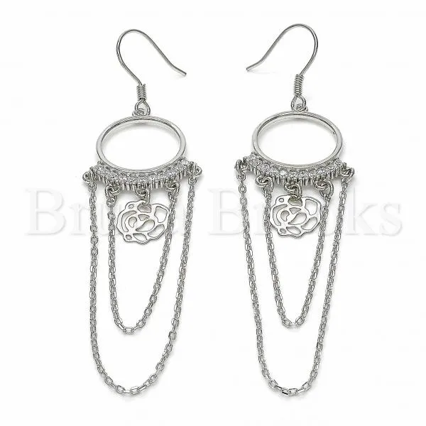 Sterling Silver 02.367.0019 Long Earring, Flower Design, with White Cubic Zirconia, Polished Finish, Rhodium Tone