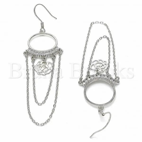 Sterling Silver 02.367.0019 Long Earring, Flower Design, with White Cubic Zirconia, Polished Finish, Rhodium Tone