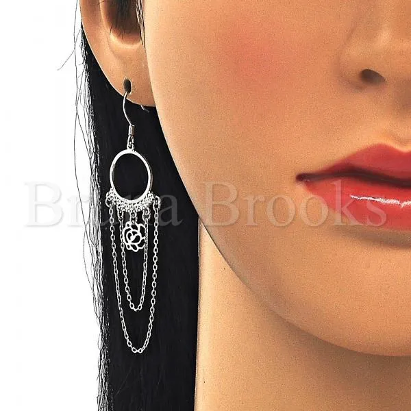 Sterling Silver 02.367.0019 Long Earring, Flower Design, with White Cubic Zirconia, Polished Finish, Rhodium Tone