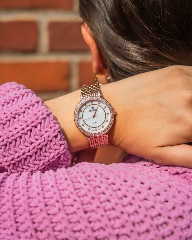 Unisex Rosetone Quartz Watch with Mother of Pearl Dial and Crystal Bezel