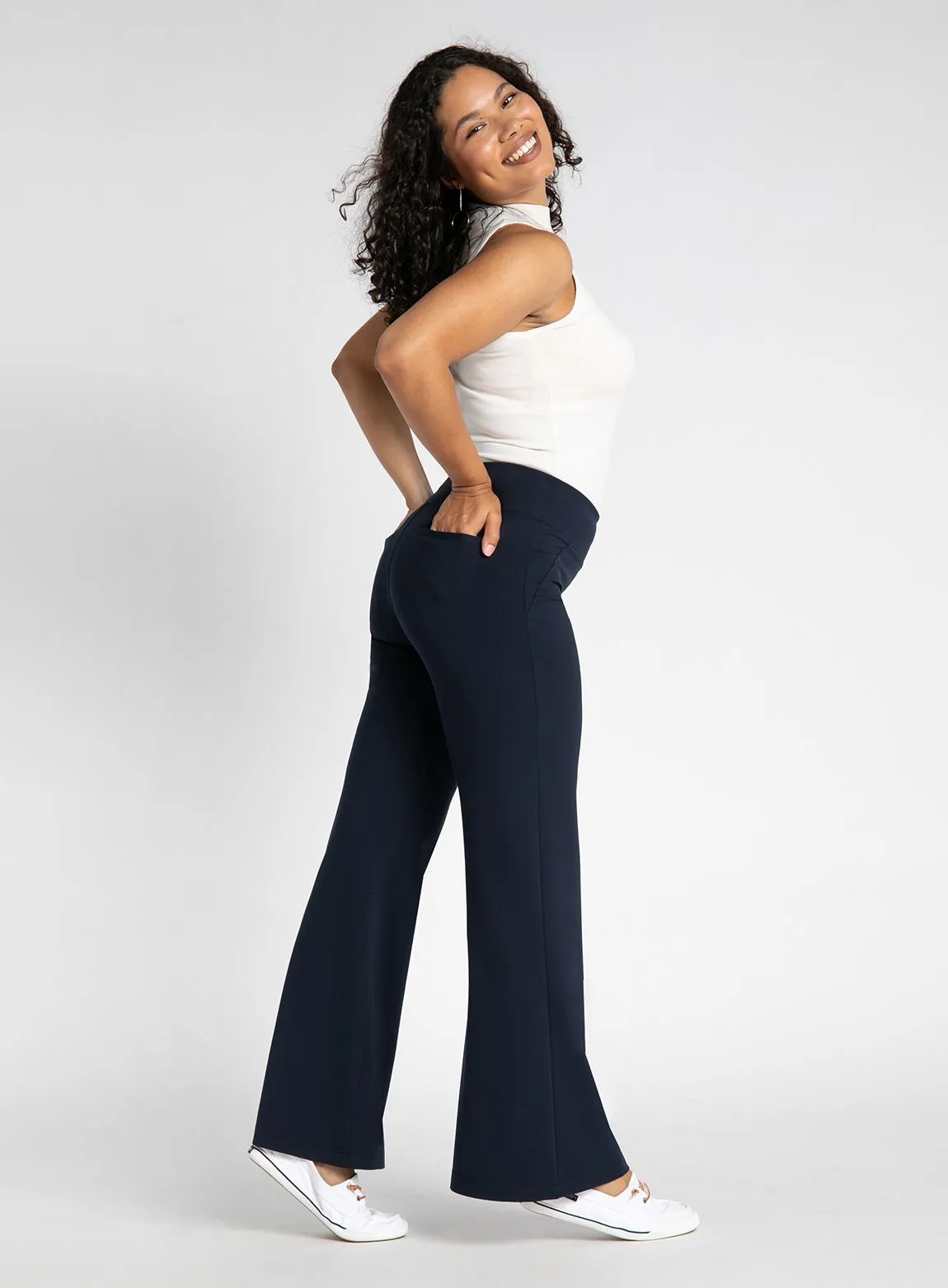 Wide-Leg Two-Pocket Dress Pant Yoga Pants (Navy)