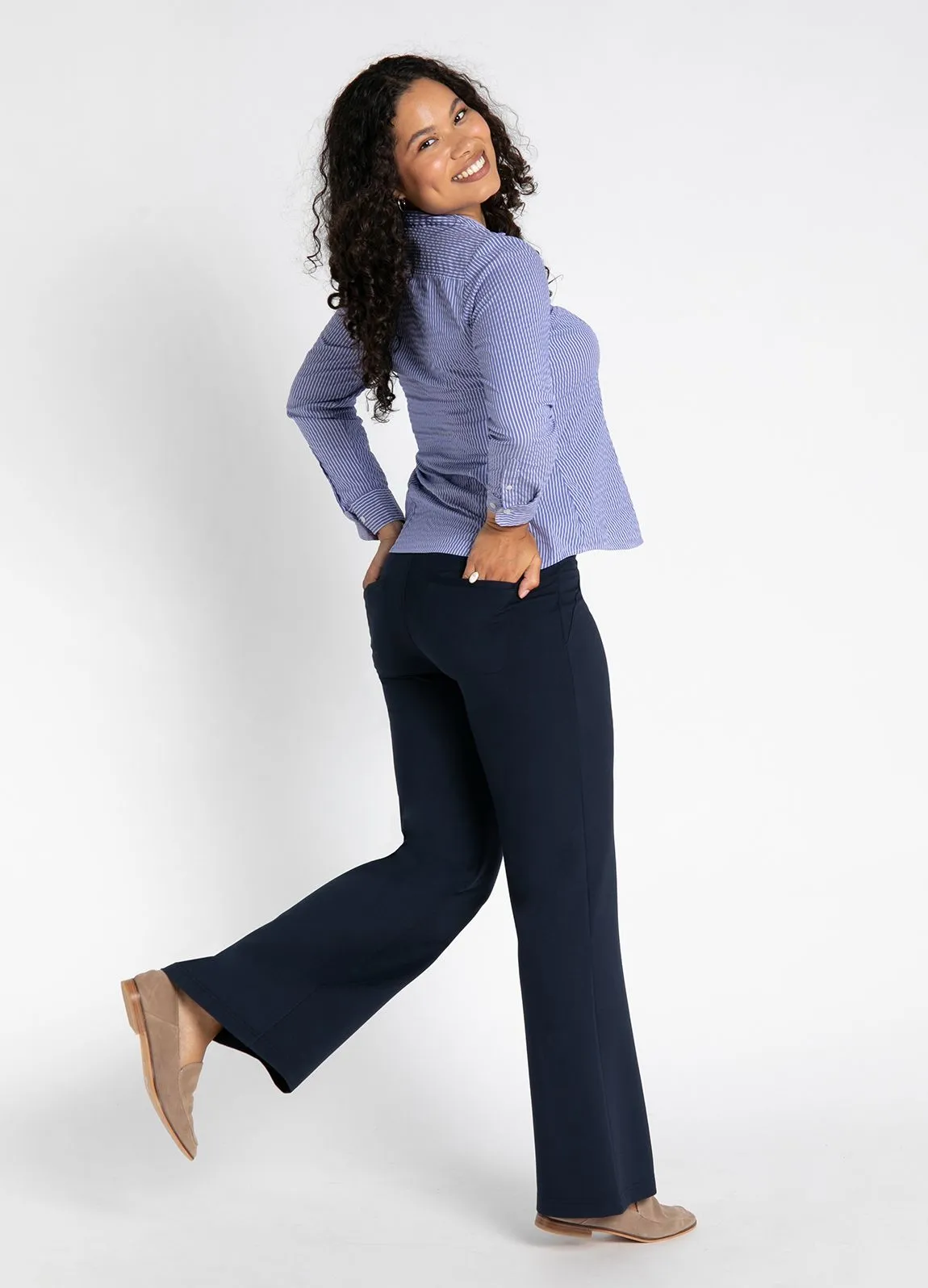 Wide-Leg Two-Pocket Dress Pant Yoga Pants (Navy)