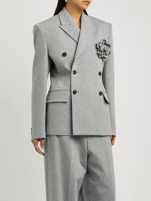 Women’s Double-Breasted Gray Jersey Blazer with Floral Applique