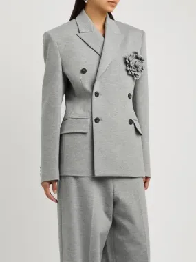 Women’s Double-Breasted Gray Jersey Blazer with Floral Applique