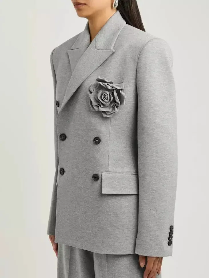 Women’s Double-Breasted Gray Jersey Blazer with Floral Applique